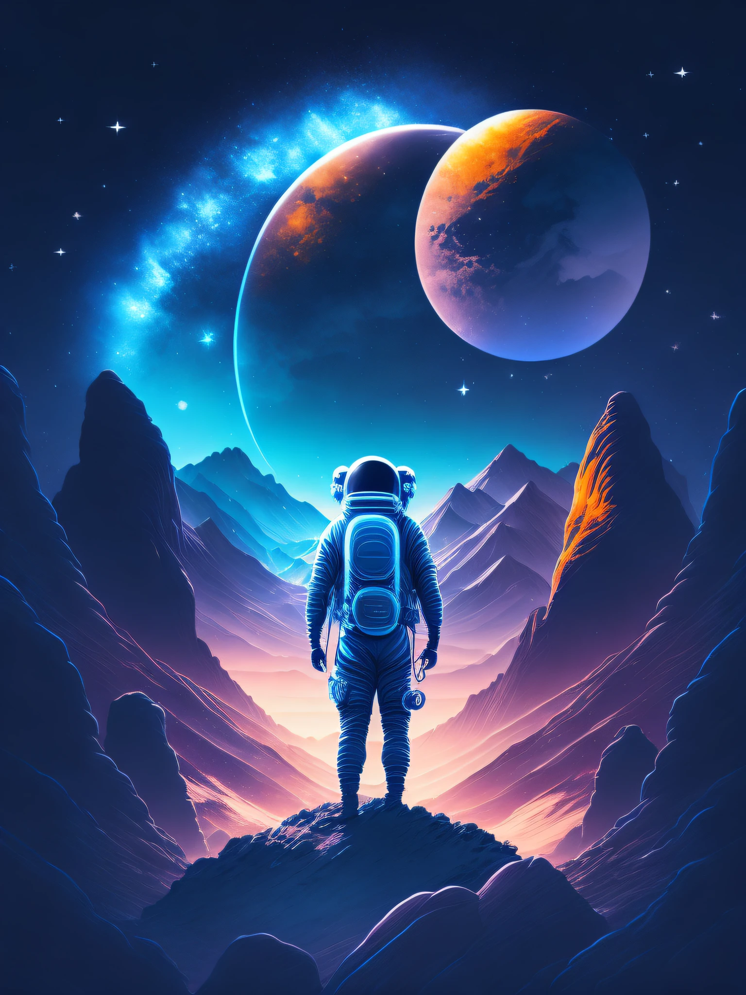 An astronaut facing and in a nighttime landscape of rocky planet, spherical helmet, stars in the sky, T-shirt design, rzminjourney, vector art