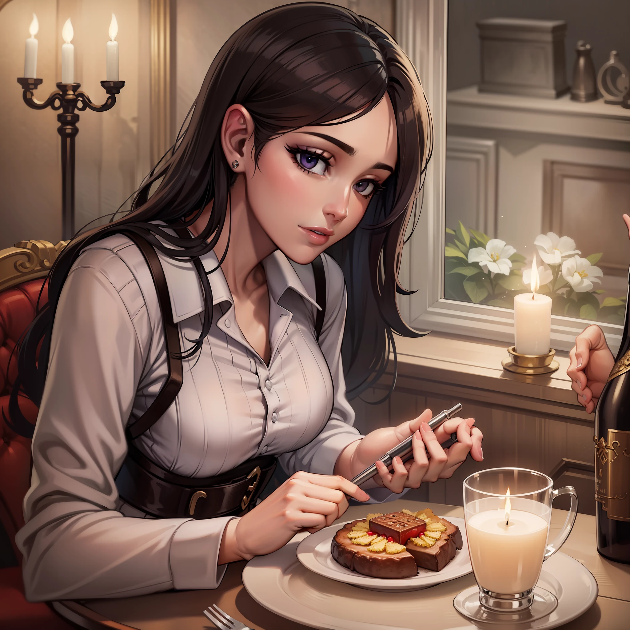 A young orphan in a sophisticated refurbishment with his girlfriend in a romantic mood, exclusive plate of food under the effect of candlelight fully illuminated, delicate and close hand grip, beautiful face, (young in love:1.3), medium plane, in 8k wallpaper detailed and dynamic. --auto --s2