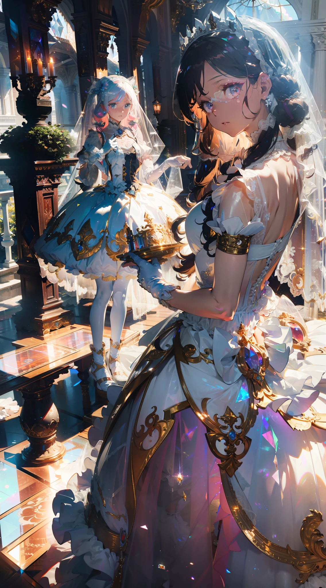 Extreme detailing, rococo style, frills, intricate and gorgeous, gloves, afternoon tea, ponet, curls, cream, gradient pick dye, candy, shiny, shiny, light particles, dynamic pose, dramatic composition, candy hair accessories, pure white skirt, flowers, embroidery, gem-encrusted, flat chest, gauze skirt with broken diamonds, flying, jumping, veil, transparent blouse, lace gloves, delicate portrayal of face, full body, opal-like eyes, skirt in white tones, colorful white, laser, Crystal dress, diamond-like hair, pure white wedding dress, long skirt, trailing tail