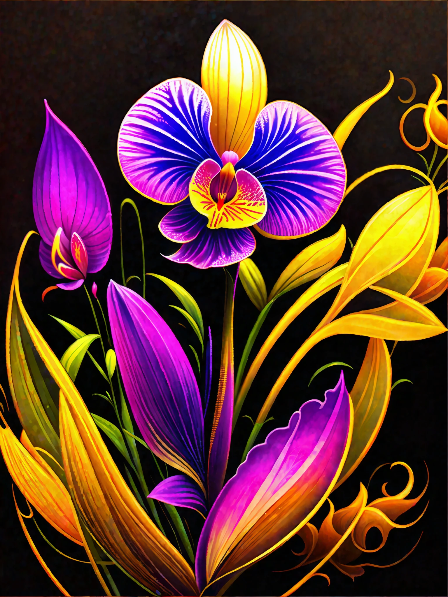 a painting of a colorful orchid on a black background,, breathtaking rendering, within a radiant connection, inspired by Kinuko Y. Craft,, magical elements, icon of an orchid, wow, is beautiful, casting a multi colorful spell, bright flash, flash