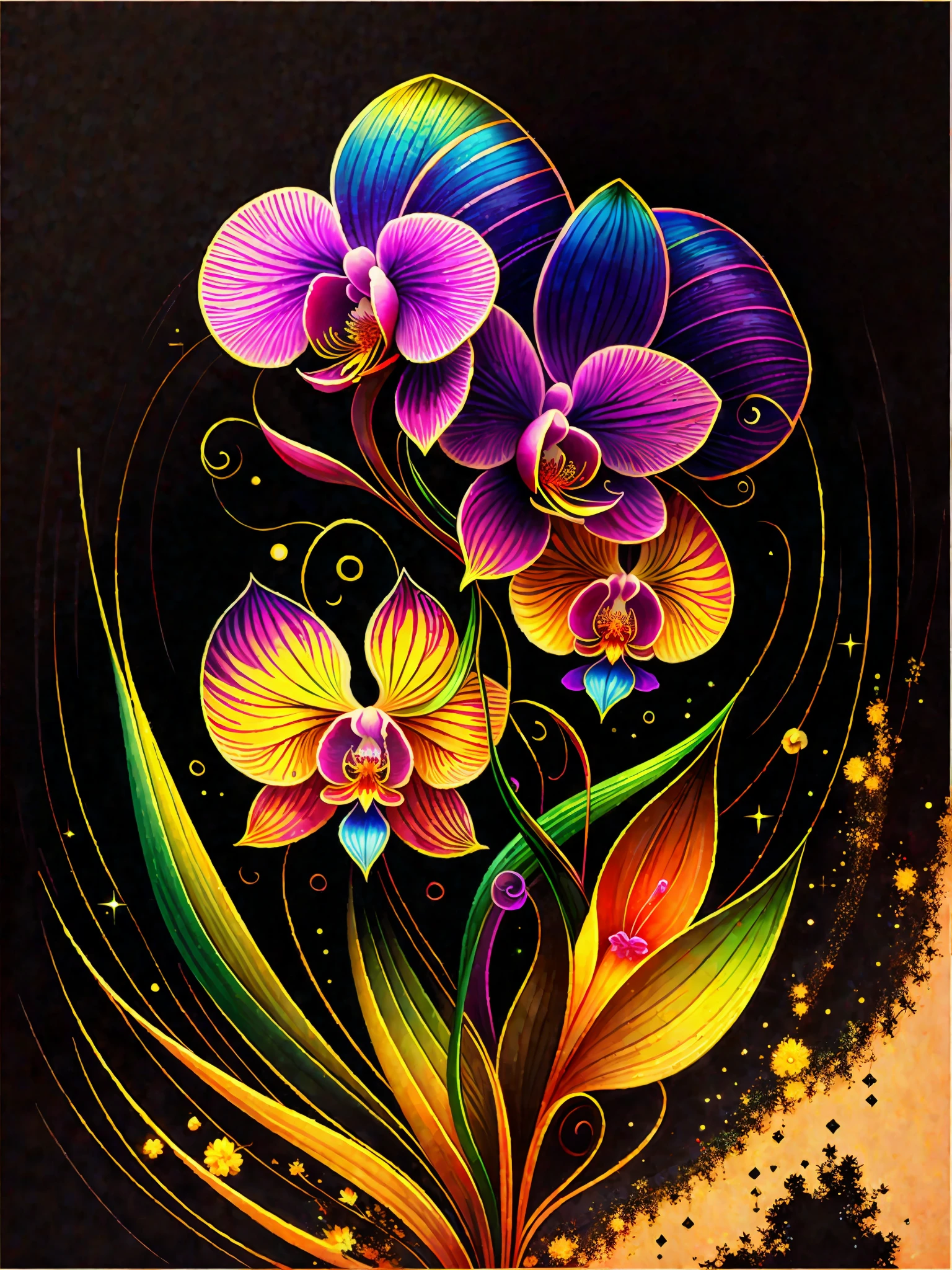 a painting of a colorful orchid on a black background,, breathtaking rendering, within a radiant connection, inspired by Kinuko Y. Craft,, magical elements, icon of an orchid, wow, is beautiful, casting a multi colorful spell, bright flash, flash