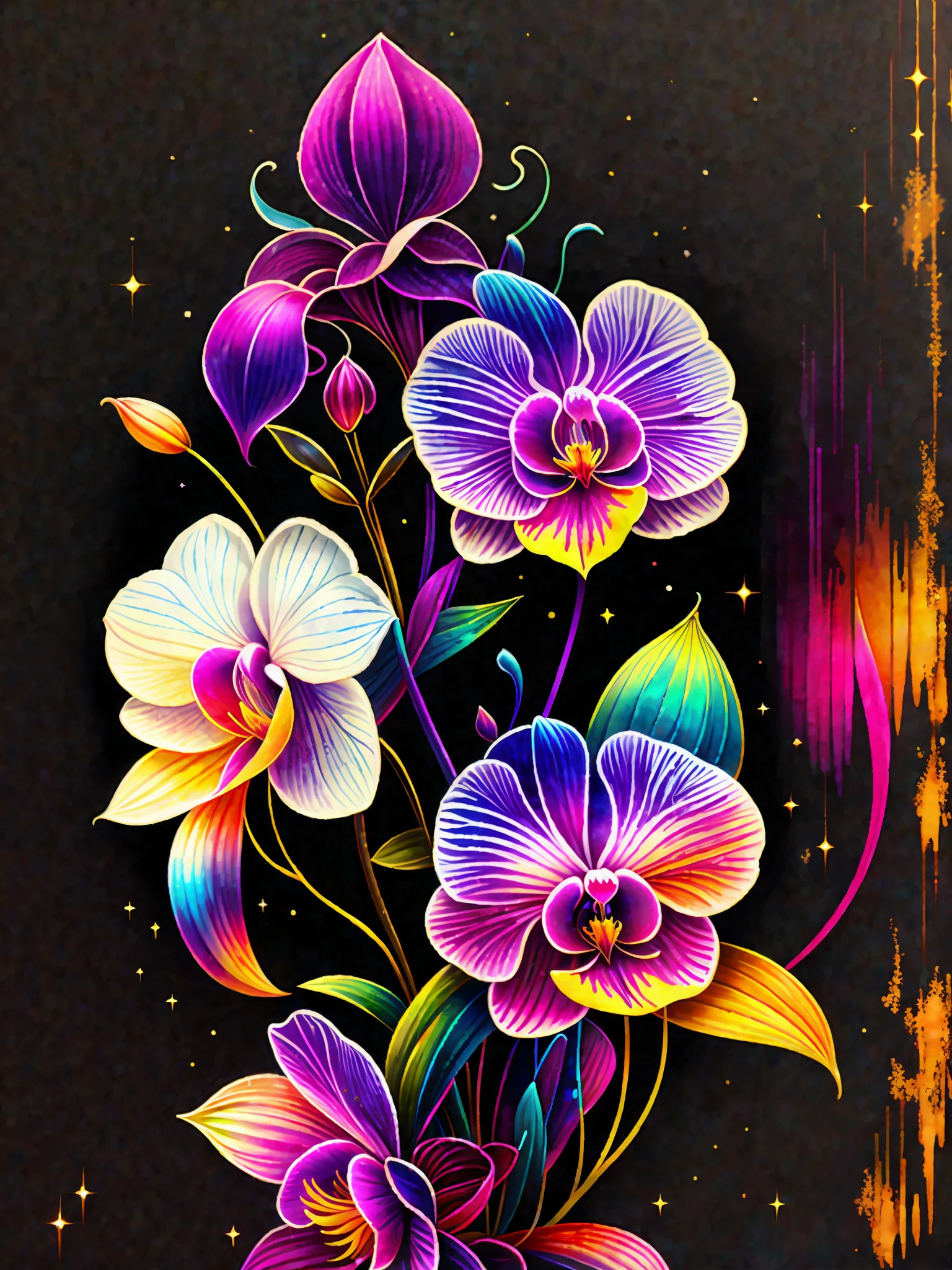 a painting of a colorful orchid on a black background,, breathtaking rendering, within a radiant connection, inspired by Kinuko Y. Craft,, magical elements, icon of an orchid, wow, is beautiful, casting a multi colorful spell, bright flash, flash