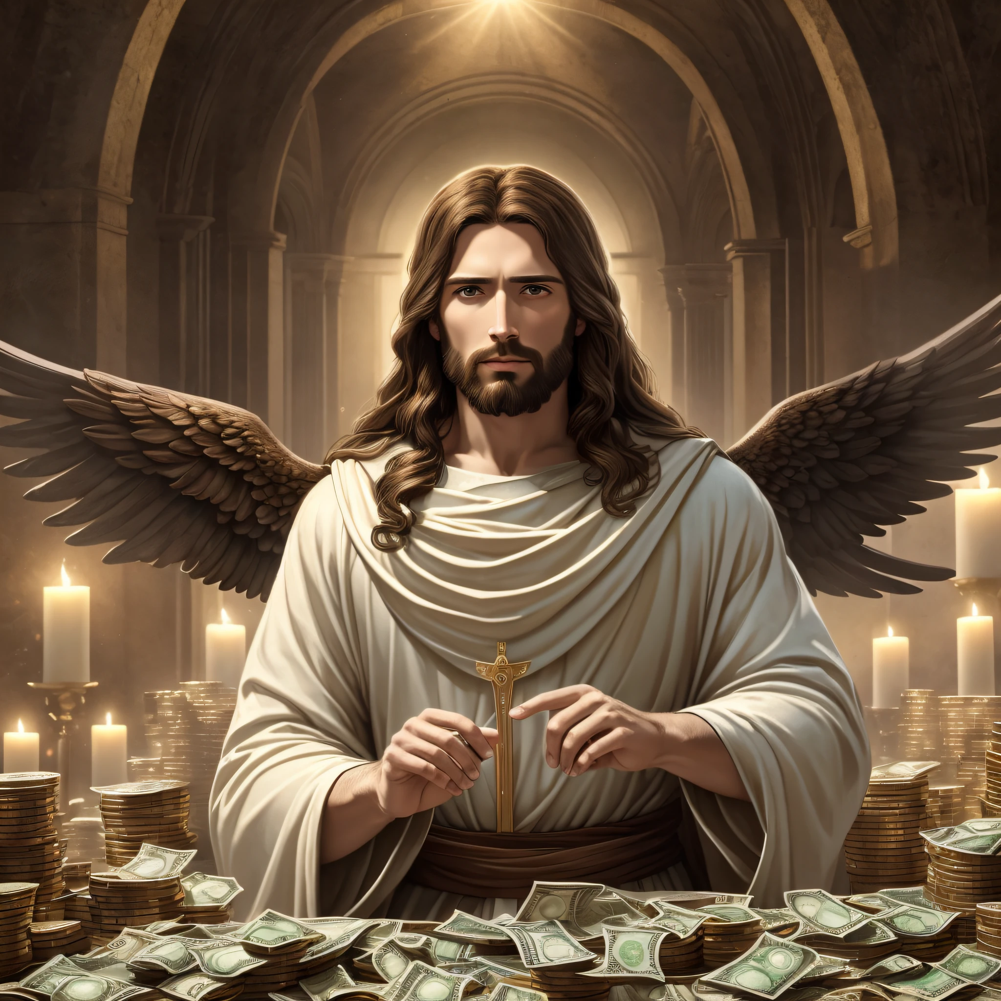 (8k, Best Quality, Masterpiece:1.2), Jesus Christ, realistic Jesus with brown hair, white wings, surrounded with piles of money across backdrop, dark background --auto --s2