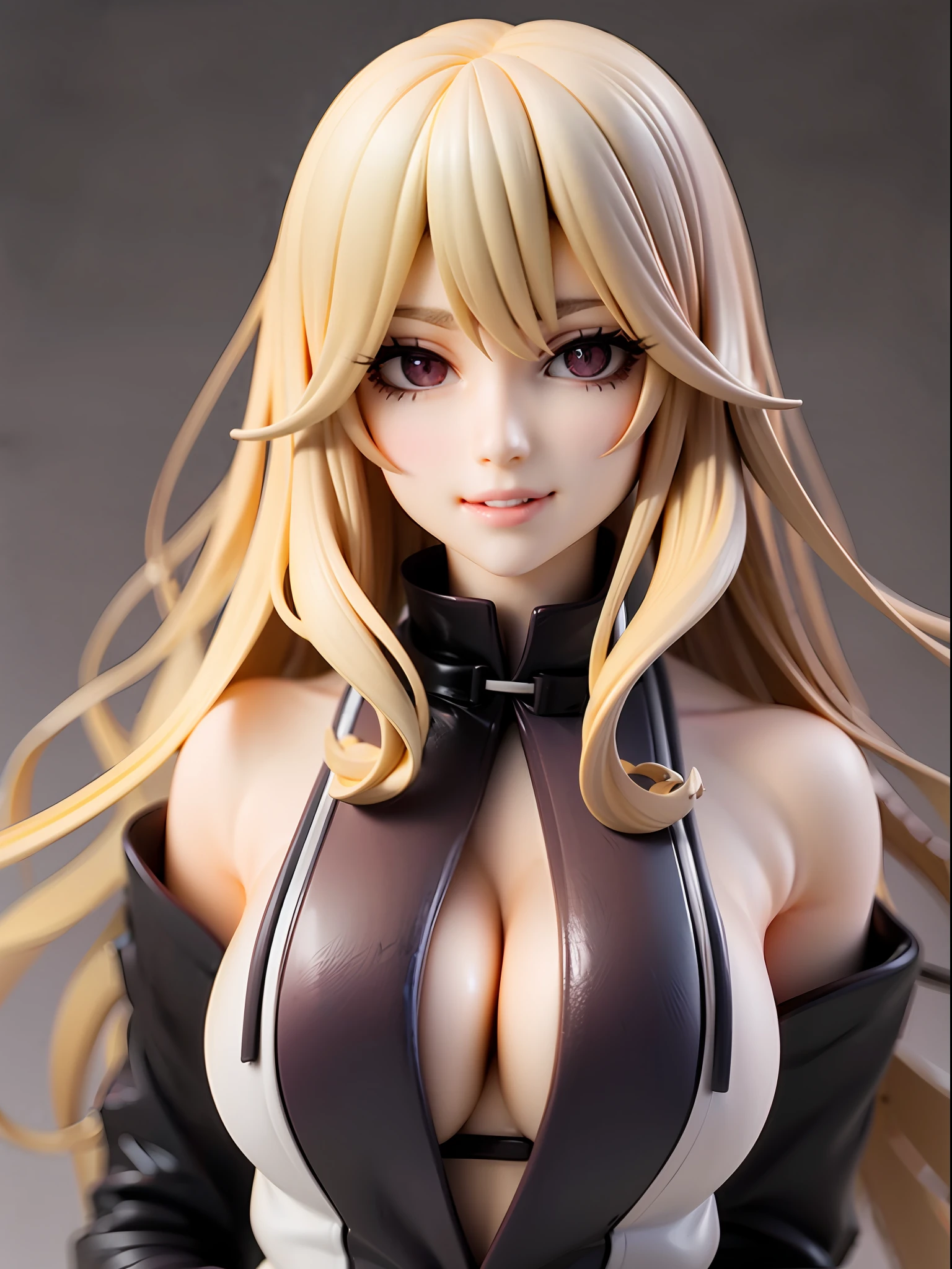 Women, long hair, blonde hair, bangs flowing to the left, bangs hide her left eye, horizontal hair on her shoulders, curly hair, mature look, silver eyes, bewitching face, black choker around her neck, jacket is an iconic black dress, black flared slacks, elegant outfit, striking black hair ornaments above both ears. Chest visible, slender, smile, no background