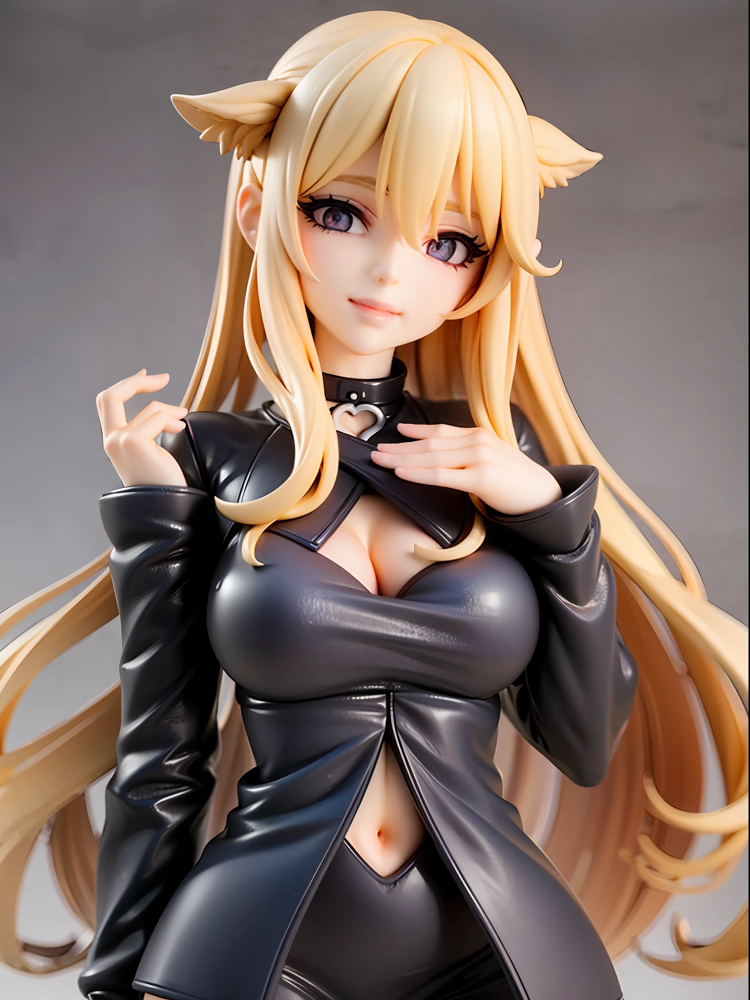 Women, long hair, blonde hair, bangs flowing to the left, bangs hide her left eye, horizontal hair on her shoulders, curly hair, mature look, silver eyes, bewitching face, black choker around her neck, jacket is an iconic black dress, black flared slacks, elegant outfit, striking black hair ornaments above both ears. Chest visible, slender, smile, no background