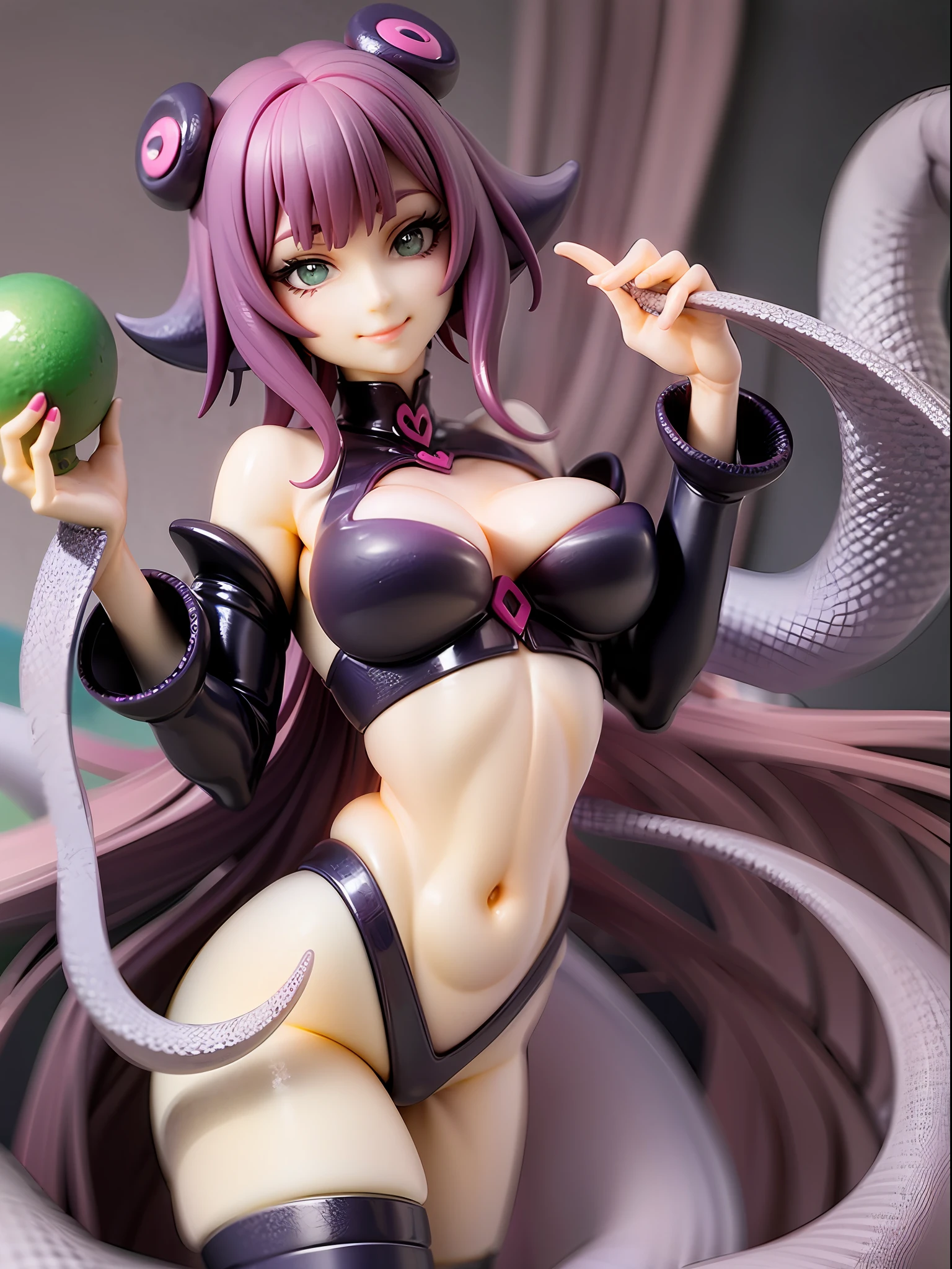 girl with octopus tentacles, short purple hair, beautiful emerald green eyes, closed mouth, exciting pose, smile, full body, unique costume with tentacles, looking forward, deep sea background, black and purple theme, playful and cheerful expression, black and purple costume with tentacles, lively design,