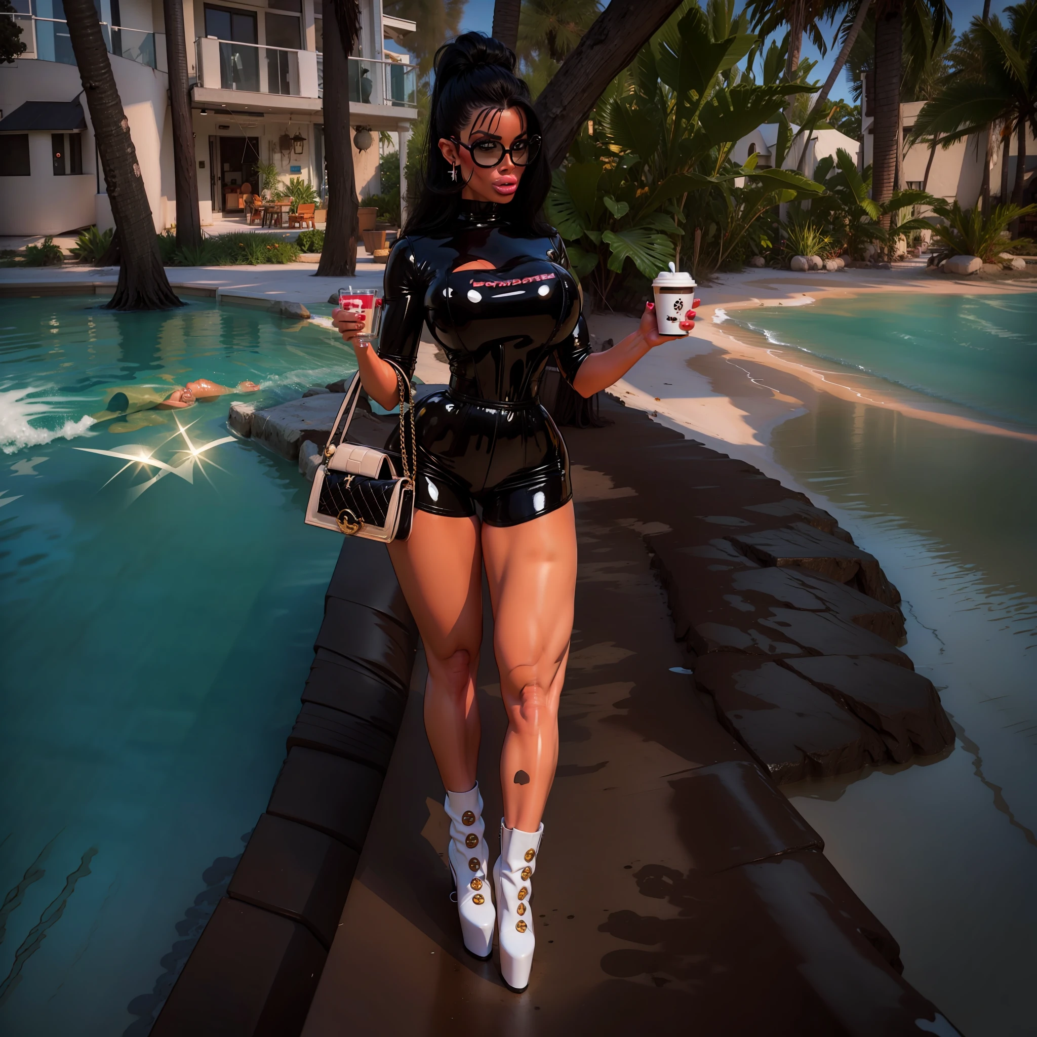 bimbo, latex clothes, shorts, ankle boots, holding coffee, holding purse, big glasses, beachhouse