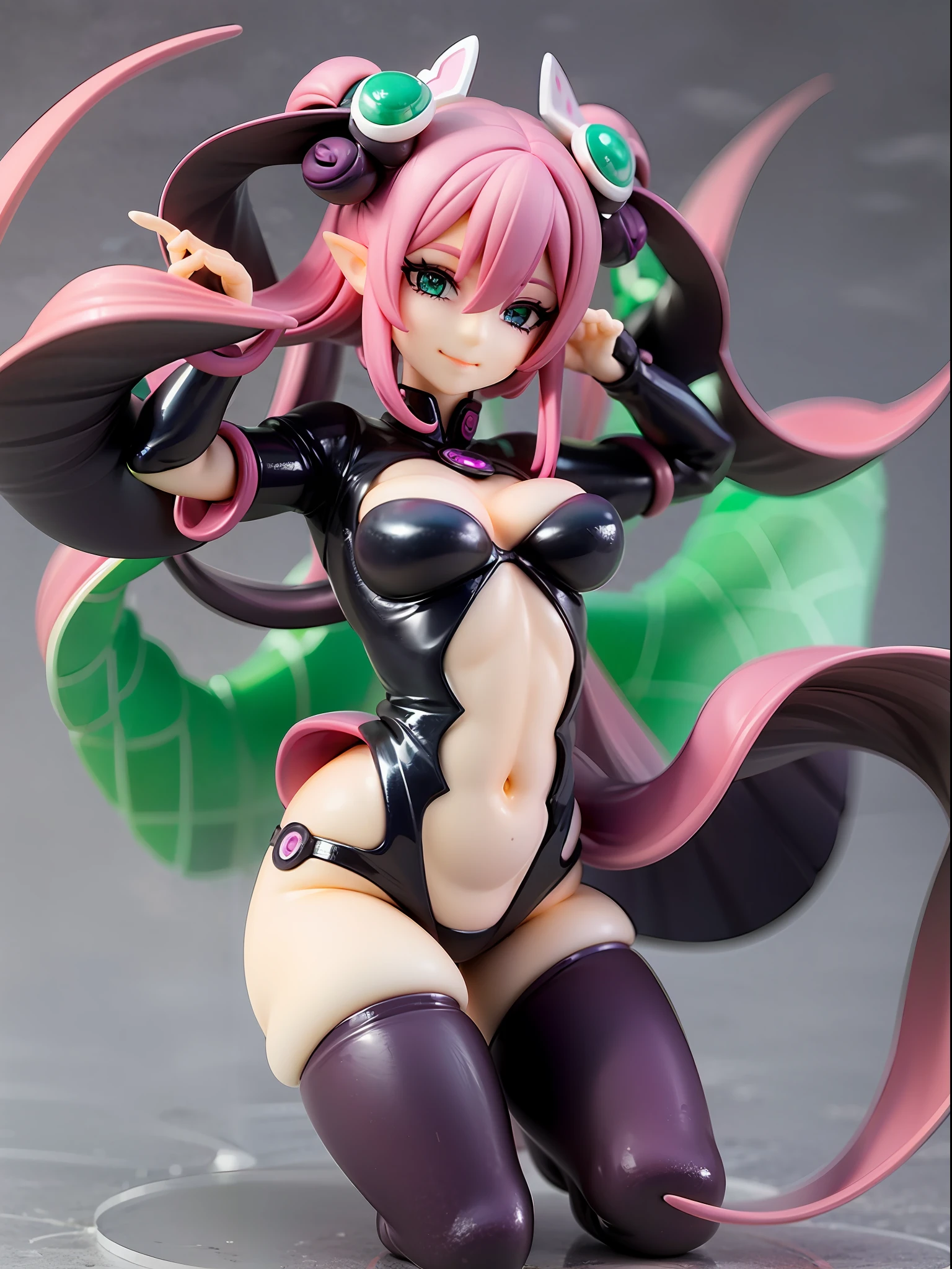 girl with octopus tentacles, short purple hair, beautiful emerald green eyes, closed mouth, exciting pose, smile, full body, unique costume with tentacles, looking forward, deep sea background, black and purple theme, playful and cheerful expression, black and purple costume with tentacles, lively design,