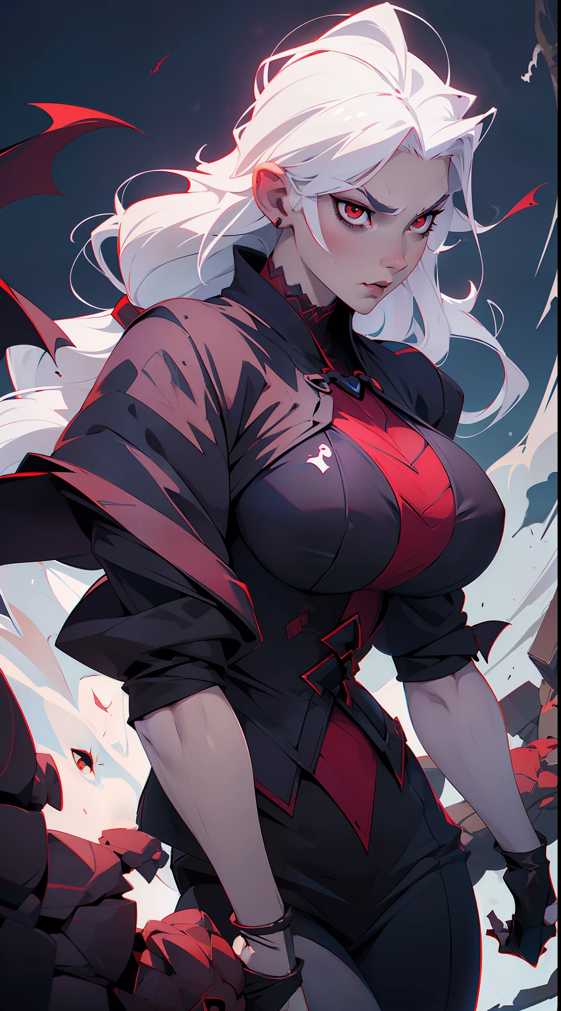 (anime waifu:1.2), (vampire:1.1), (dark shadowy clothes), (perfect body,super strong muscular, female body type, pale skin, red eyes, white hair), (huge breasts:1.3), (graveyard background), (beautiful night, moon:1.05), (evil expression).