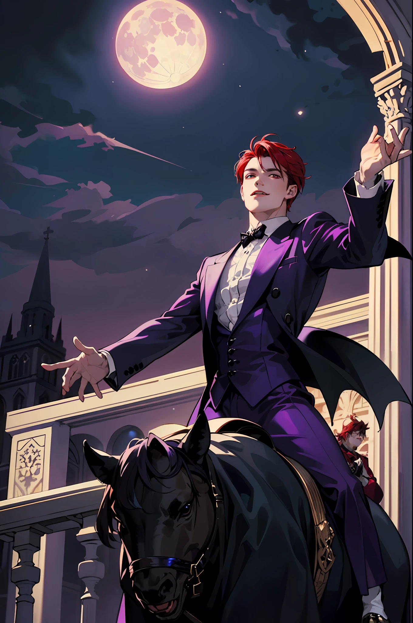 This is what a real Vampire looks like! Antique vampire clothes, elegant, gentlemanly. He is smiling friendly, his red hair is vivid, his red eyes shine against his perfect skin. In the background a purple church window, with moonlight reflecting behind. All this is in a beautiful and dark light, which makes it look amazing。 (High quality: 1.2, Church at night: 1.5, Antique Vampire Clothing: 1.4) (((At night))) (((VIEW FROM BELOW, RIDING THE VIEWER))) (Provocative light, mysterious darkness) (((Violet Moon))) Defined Face) Perfect Hands)