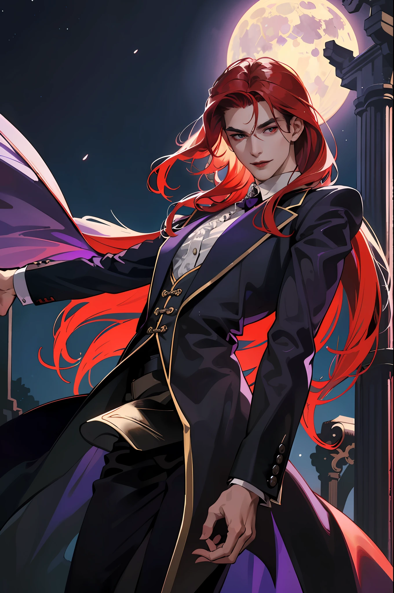 This is what a real Vampire looks like! Antique vampire clothes, elegant, gentlemanly. He is smiling friendly, his red hair is vivid, his red eyes shine against his perfect skin. In the background a purple church window, with moonlight reflecting behind. All this is in a beautiful and dark light, which makes it look amazing。 (High quality: 1.2, Church at night: 1.5, Antique Vampire Clothing: 1.4) (((At night))) (((VIEW FROM BELOW, RIDING THE VIEWER))) (Provocative light, mysterious darkness) (((Violet Moon))) Defined Face) Perfect Hands)