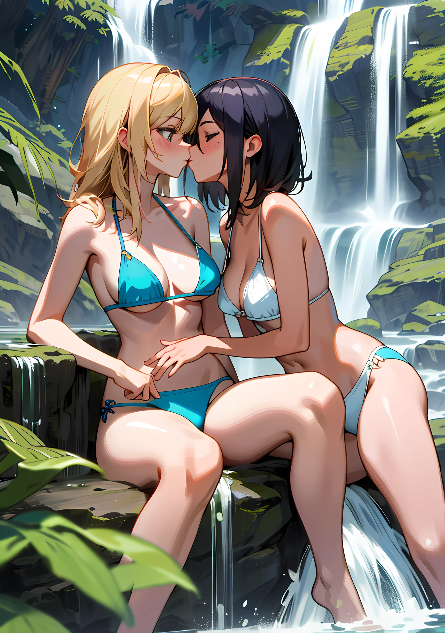 "Gorgeous and high-quality, highly detailed masterpiece that features 2 charming girls in bikini sitting near a waterfall. Creating a sexual atmosphere." medium breasts, (nipple slip:1.1), cleavage, kissing