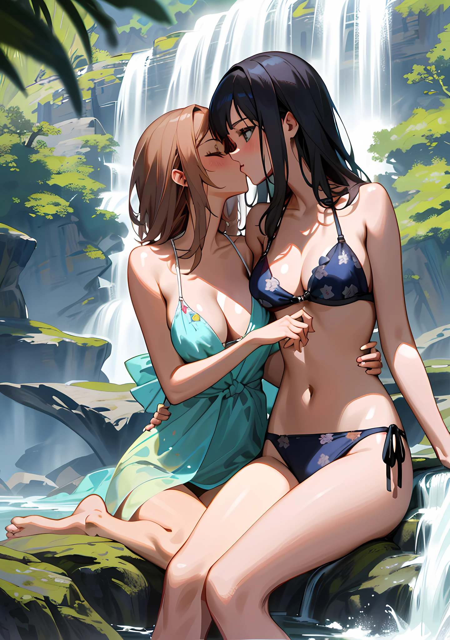 "Gorgeous and high-quality, highly detailed masterpiece that features 2 charming girls in bikini sitting near a waterfall. Creating a sexual atmosphere." medium breasts, (nipple slip:1.1), cleavage, kissing