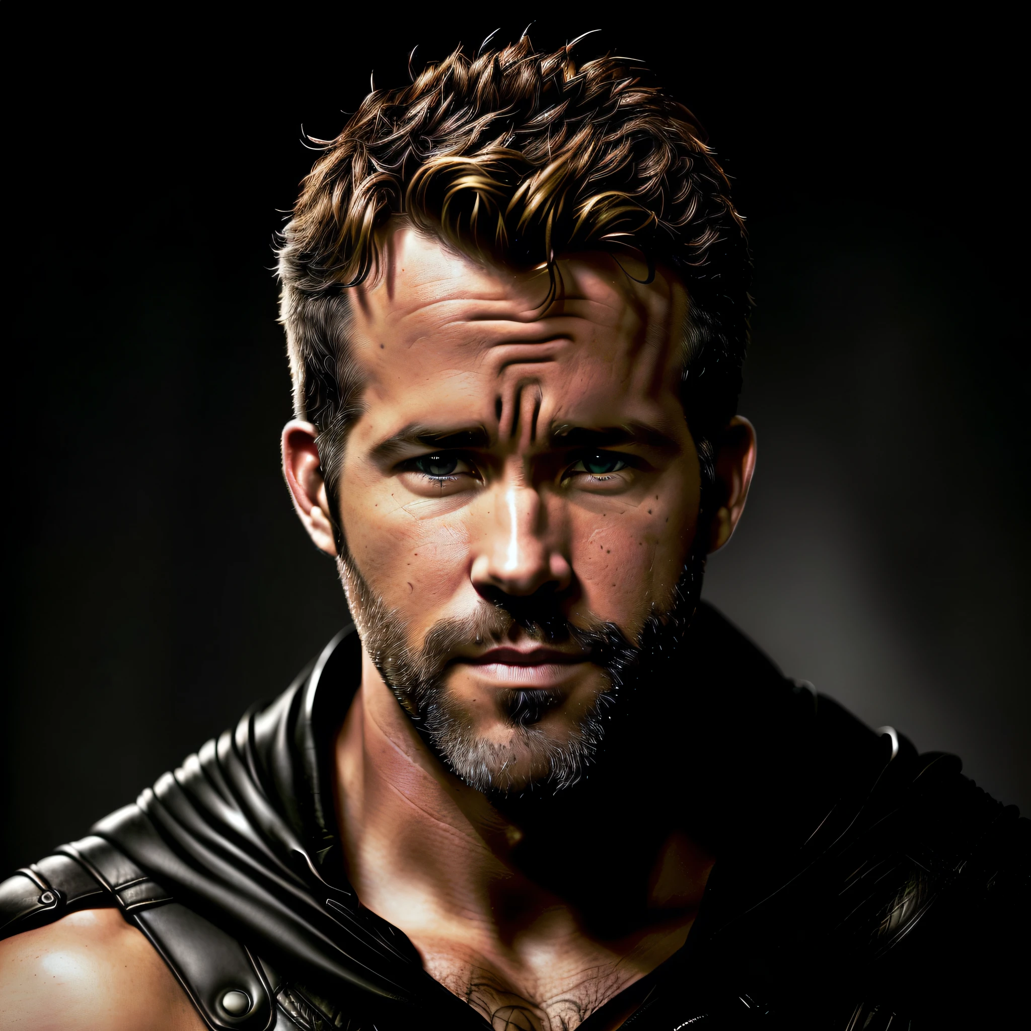 arafed man with a beard and a leather jacket looking at the camera, ryan reynolds as batman, beautiful man, handsome man, highly detailed vfx portrait of, by Roman Bezpalkiv, by Zack Snyder, portrait of demigod hercules, attractive man, cinematic realistic portrait, film still of ryan reynolds, fantasy male portrait, picture of an adult male warrior