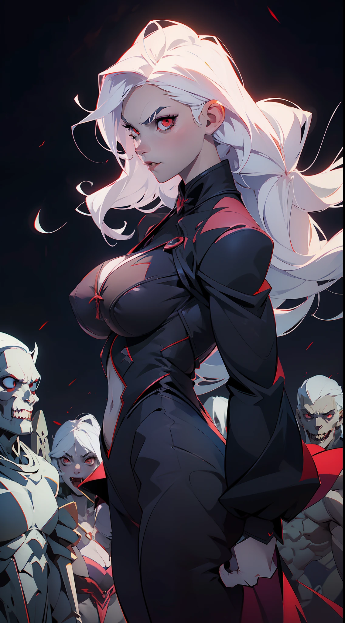 (anime waifu:1.2), (vampire:1.1), (dark shadowy clothes), (perfect body, super strong muscular, female body type, pale skin, red eyes, white hair), (huge breasts:1.3), (graveyard background), (beautiful night, moon:1.05), (demonic expression).