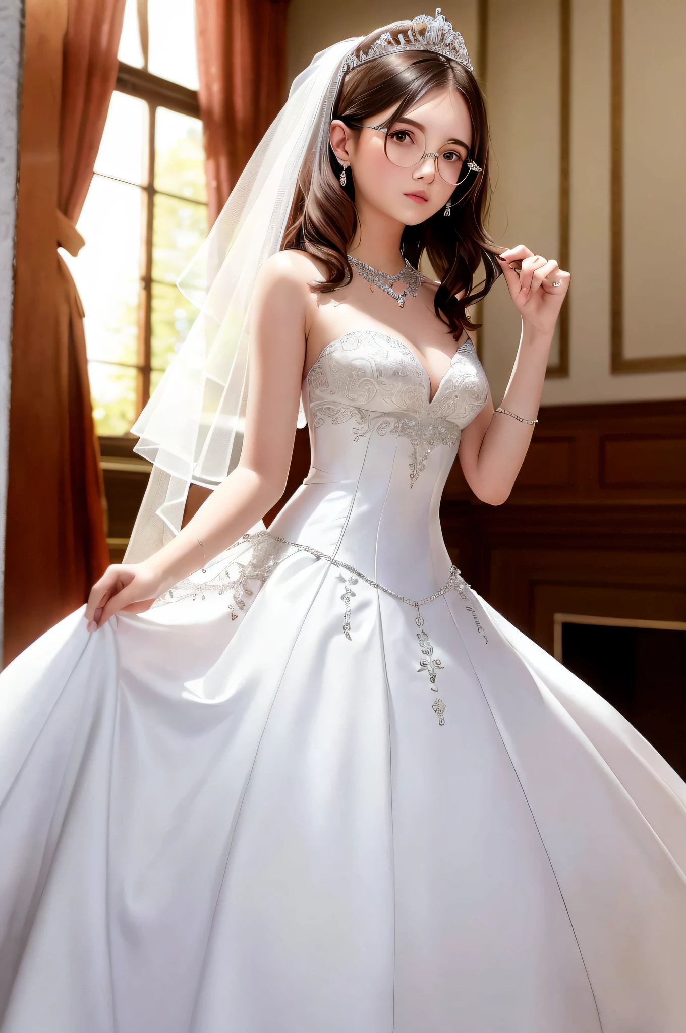 18-year-old female in back, wedding dress, silver tiara, D cup breasts, Boston-style glasses, brown hair, bob hair, association