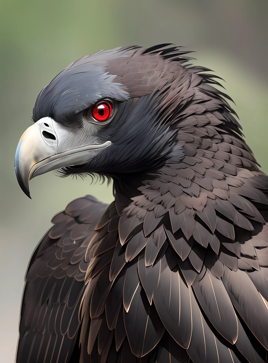 A portrait of a vulture with black feathers, with a fierce and angry expression, focusing only on its head. The image should highlight the intensity and strength of the vulture's gaze. The background of the photo should be blurred to create an aesthetic effect, suggesting a forest as a backdrop. I want attention to be fully focused on the vulture and its expression. In addition, the eyes of the vulture should be depicted as red, enhancing its imposing appearance. Please ensure that the image is sharp and well-lit, allowing the details of the vulture, especially its facial expression and red eyes, to be clearly visible --auto --s2