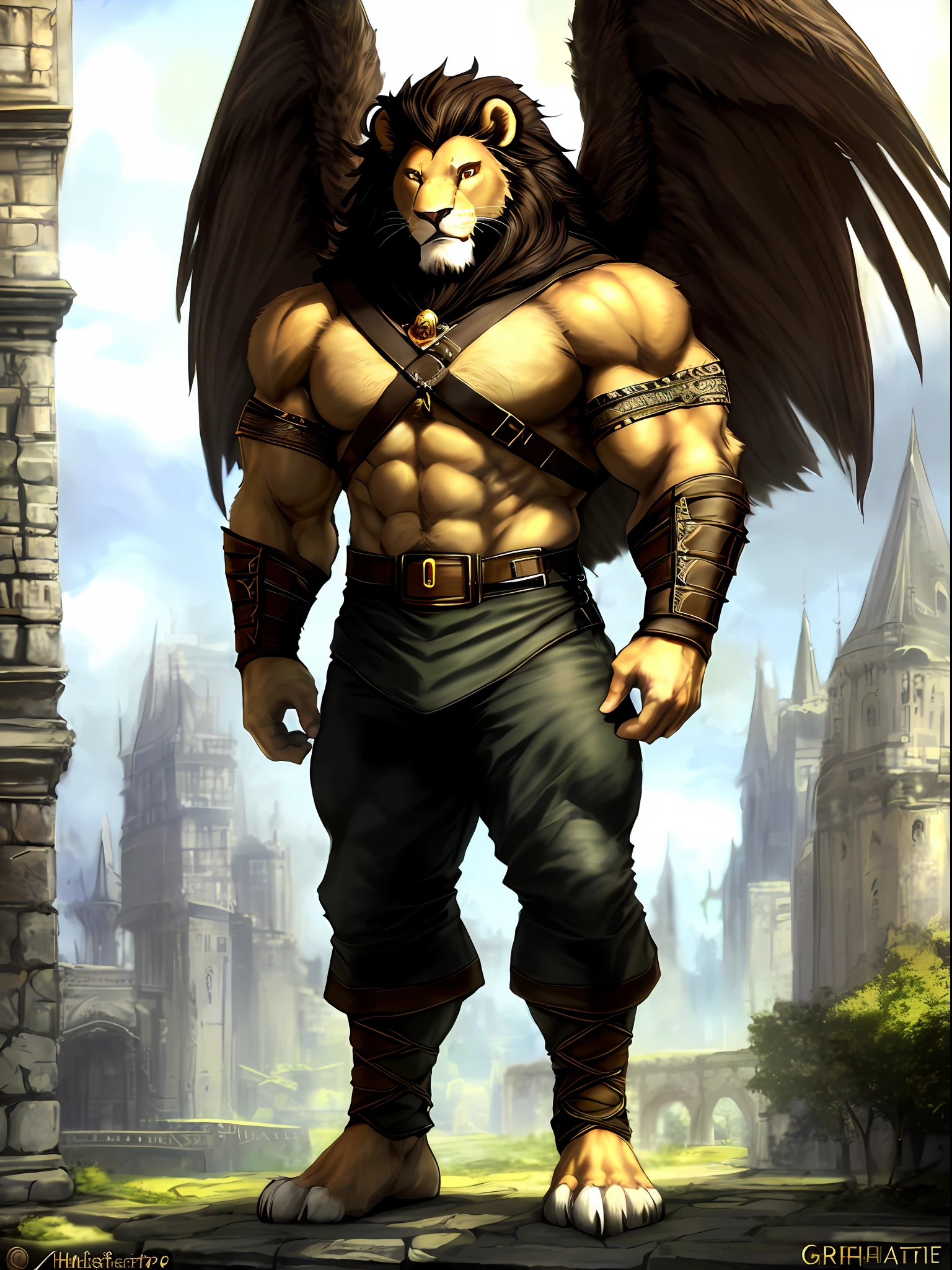Front view, full height, Medieval, den (lion), male, feline, adult, solo, hyper muscular, heavy posture, broad shoulders, massive calves and broad feet, broad forearms, hard, lion's tail, ultra-detailed brown eyes of high quality,with body covered with eyes,six wings full of eyes, both around and under the wings, barefoot, ((warrior, barefoot)),  dark pants, correct anatomy, (pale brown skin, dark brown mane, short beard, detailed skin: 1.4), detailed background, antient city background, hyperrealistic, Ultradetailed, (masterpiece:1.2), epic, (correct hairy hands), natural lighting, (by Grimfaust)