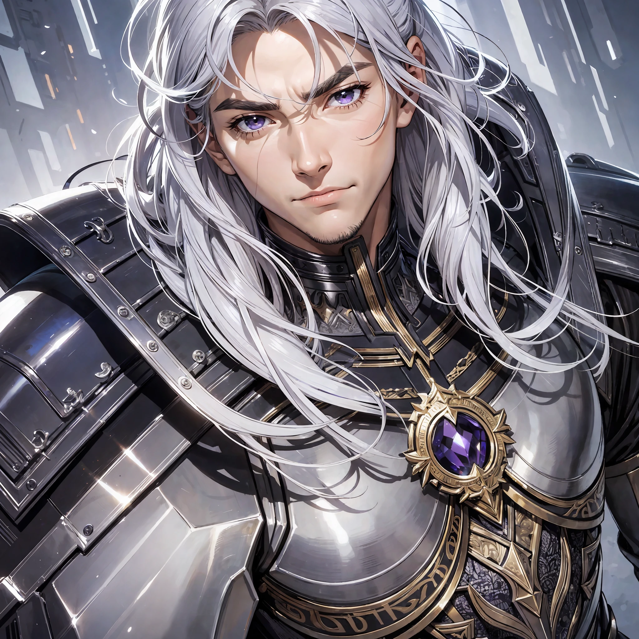 (masterpiece, best quality), 1 man, mature, age above: 1.4, tall and muscular face, broad shoulders, finely detailed eyes and detailed face, extremely detailed CG unit 8k wallpaper, intricate details, fantasy, real, low hair, silver hair, short hair, purple eyes, black armor, detailed black armor, dark background, fire