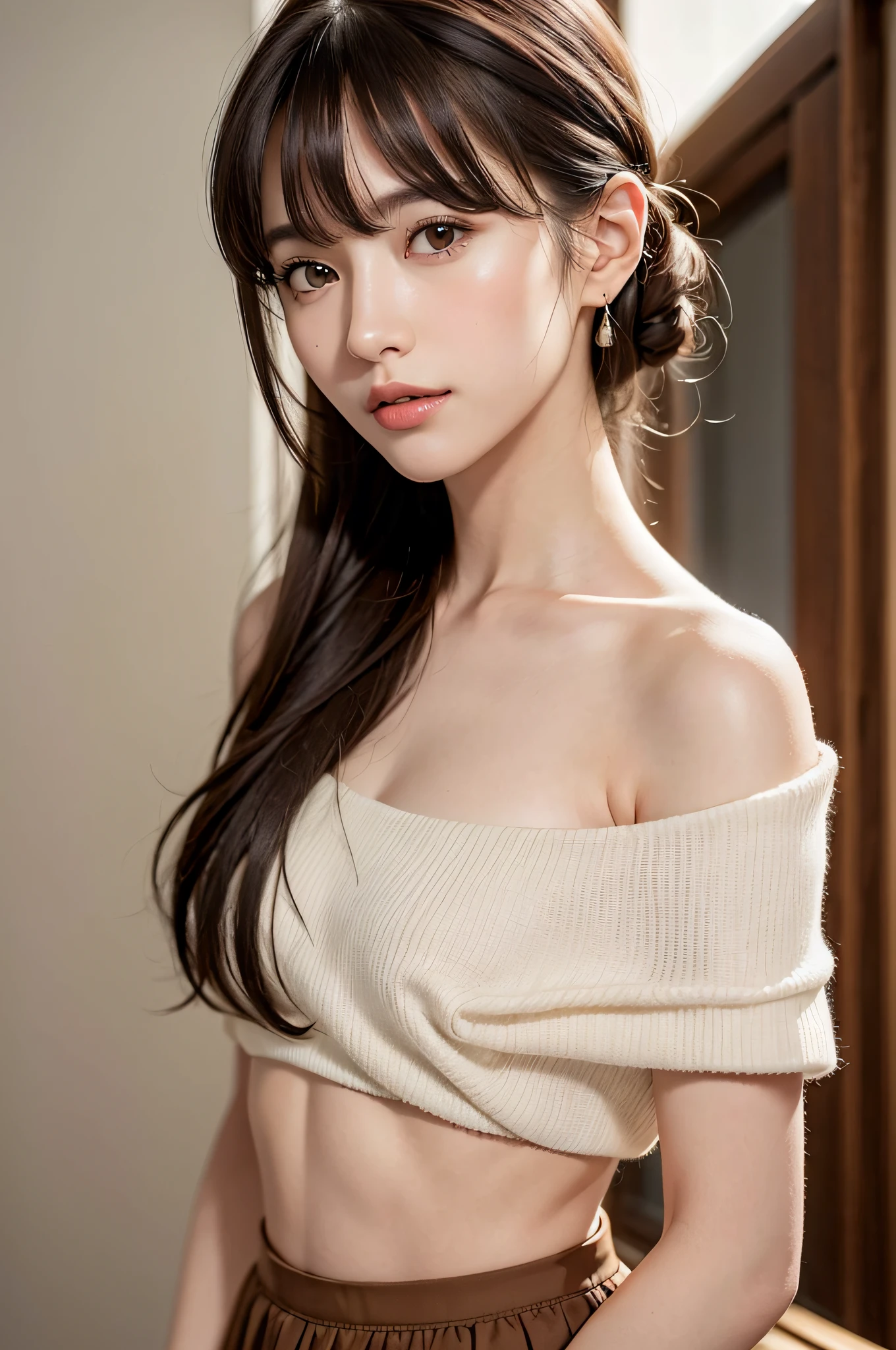 (8K, Best Quality, Masterpiece: 1,2), (Realistic, Photorealistic: 1,37), Best Quality, Masterpiece, Beautiful Girl, Smile, Hair tied with slight bangs, Realistic, SFW, Beautiful Japan Girl, ((Best Quality, 8K, Masterpiece: 1.3)), Sharp Focus: 1.2, Beautiful Women with Perfect Style: 1.4, Slender Abs: 1.2, ((Dark Brown Hair, Big: 1.2)), (natural light, arena: 1.1), highly detailed face and skin texture, detailed eyes, double eyelids, black hair, soft middle hair, colorful tight and viscous camisole, flared skirt, full body, small face, sexy