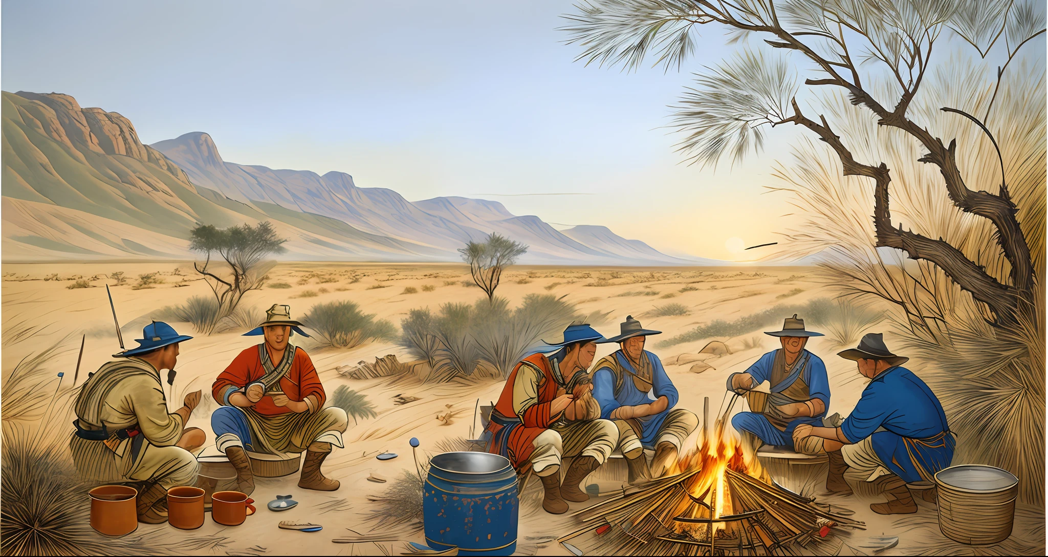 Soldier with torn garments making a food in a pot over a campfire, soldiers of straw war, intricate details, masterpiece, 8k, highres, best quality, highest texture, realistic, nature light, perfect shadow, clear detailed face,
War of straws, caatinga in the backlands of Brazil, semi-arid climate, dry vegetation, twisted bushes, ragged soldiers, bonfire in the center of the photo with a pot, kitchen utensils, camping, scattered things,
(((all faces should be different, use all the spectrums of your different emotions from happiness to anger, do what you want and how you want))).