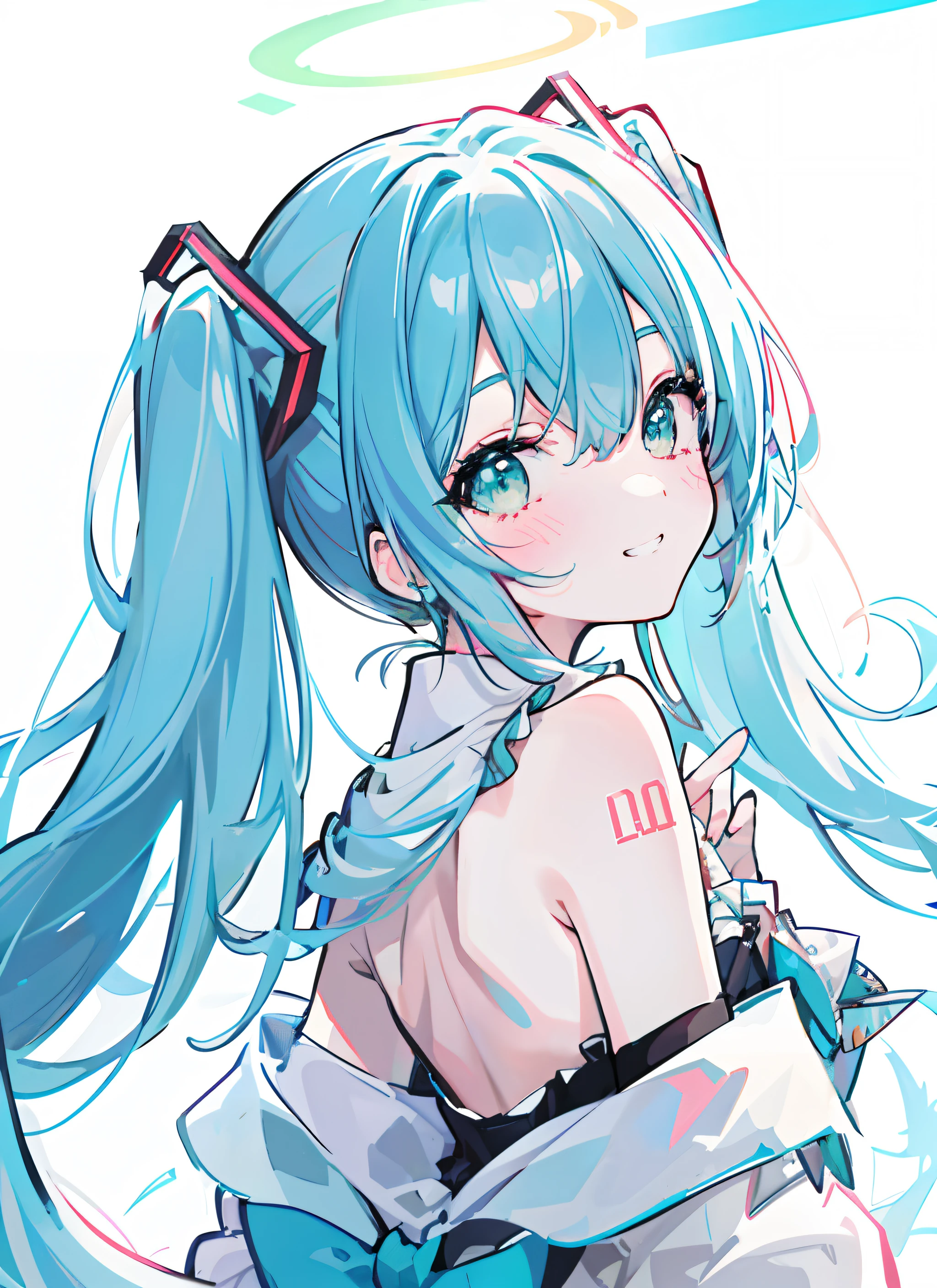 (masterpiece), (best quality),(miku),1girl,upper body,blush,grin,happy,backlight, lam_style, colorful_hair, facial_mark, neon_palette, miku，初音未来，halftone,