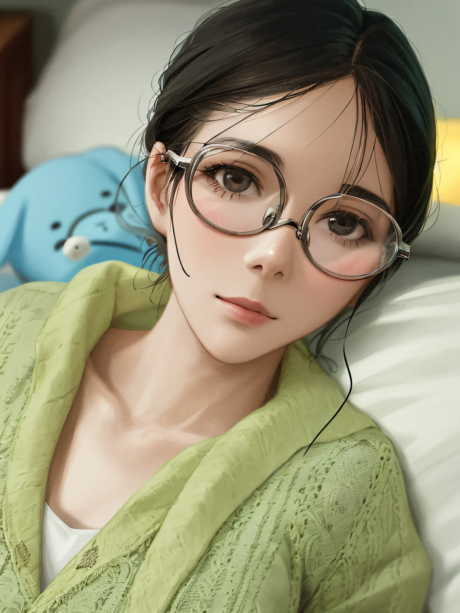 Woman with glasses lying on bed, with stuffed animals, glasses, clear and transparent face, glasses, thin and large round glasses, transparent glasses, high quality, wearing small round glasses