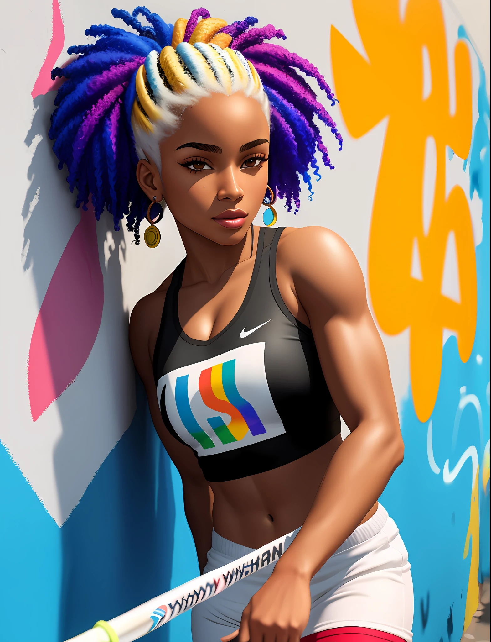 Graffiti painting, street art, 32k extremely detailed CG unit wallpaper, 32k landscape, artwork, masterpiece, best quality, amazing light brushstrokes, of a 20 year old African American athlete girl with black and platinum hair at the ends, Cougar tennis in graffiti style on a white wall with vibrant colors.