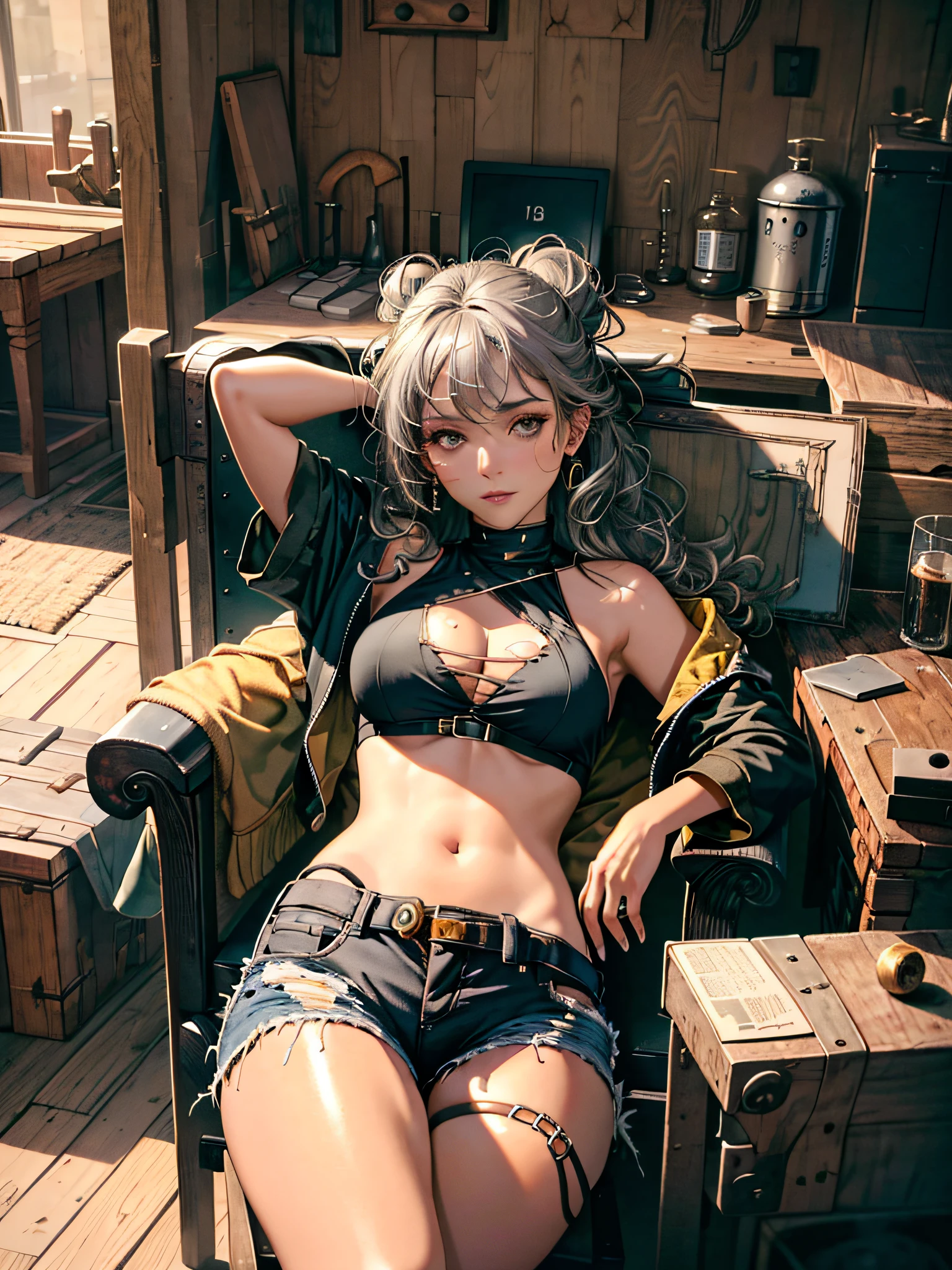 (Masterpiece, Best Quality, Detailed Shiny Skin: 1.2), Flawless, 8k, RAW, High Resolution, Upper Body (1 Girl: 1.3), Realistic Textures, Torn Clothes, Ragged Clothes, Ultra Shorts, Soft and Saggy Breasts, Bare Shoulders, Belly Button, Areola, Gray Hair, Long Hair, Straight Hair, Wavy Updo, Olive Skin, High Quality Face, Narrow Space, Dungeon, Wounded, Chair,