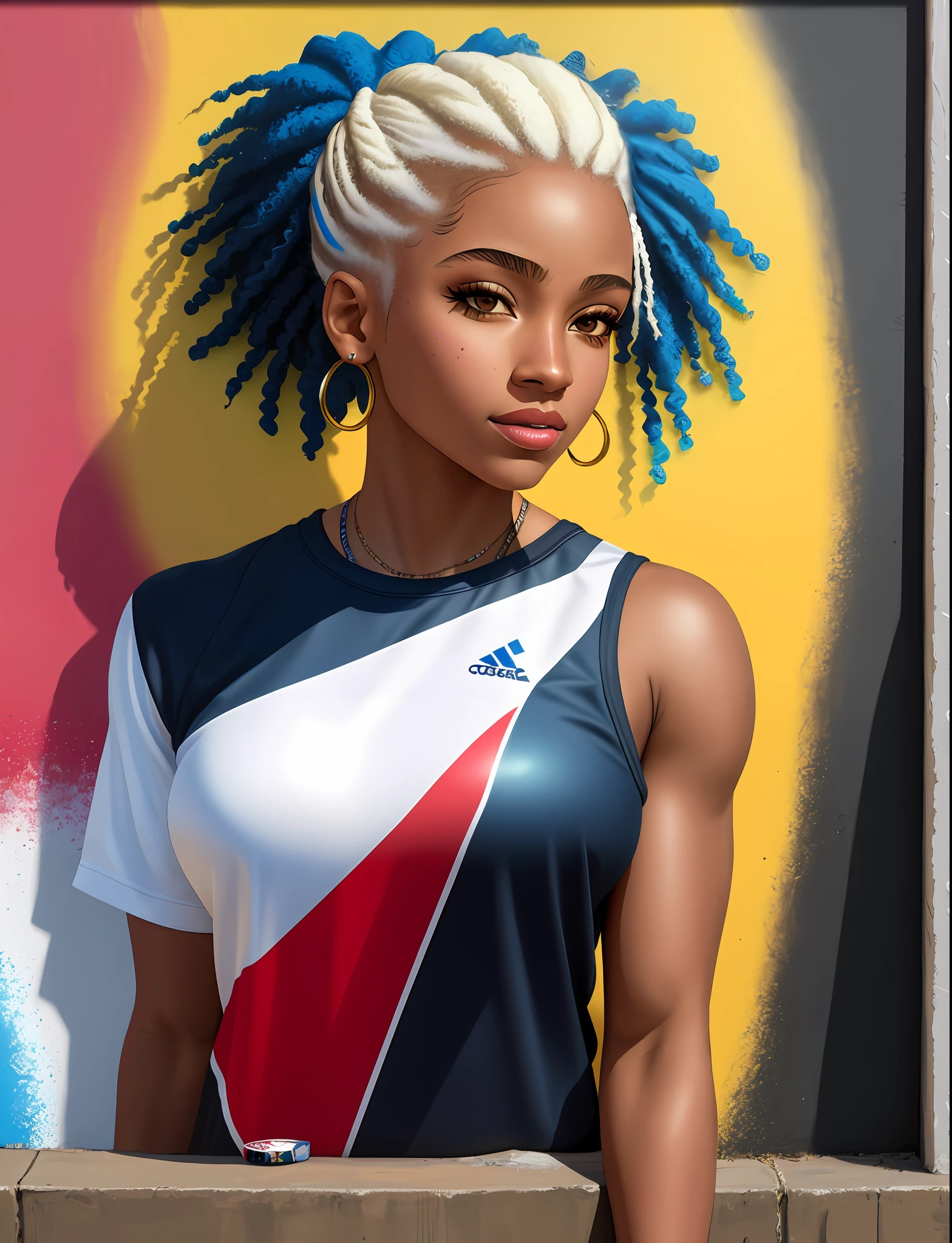 Graffiti painting, street art, 32k extremely detailed CG unit wallpaper, 32k landscape, artwork, masterpiece, best quality, amazing light brushstrokes, of a 20 year old African American athlete girl with black and platinum hair at the ends, Cougar tennis in graffiti style on a white wall with vibrant colors.