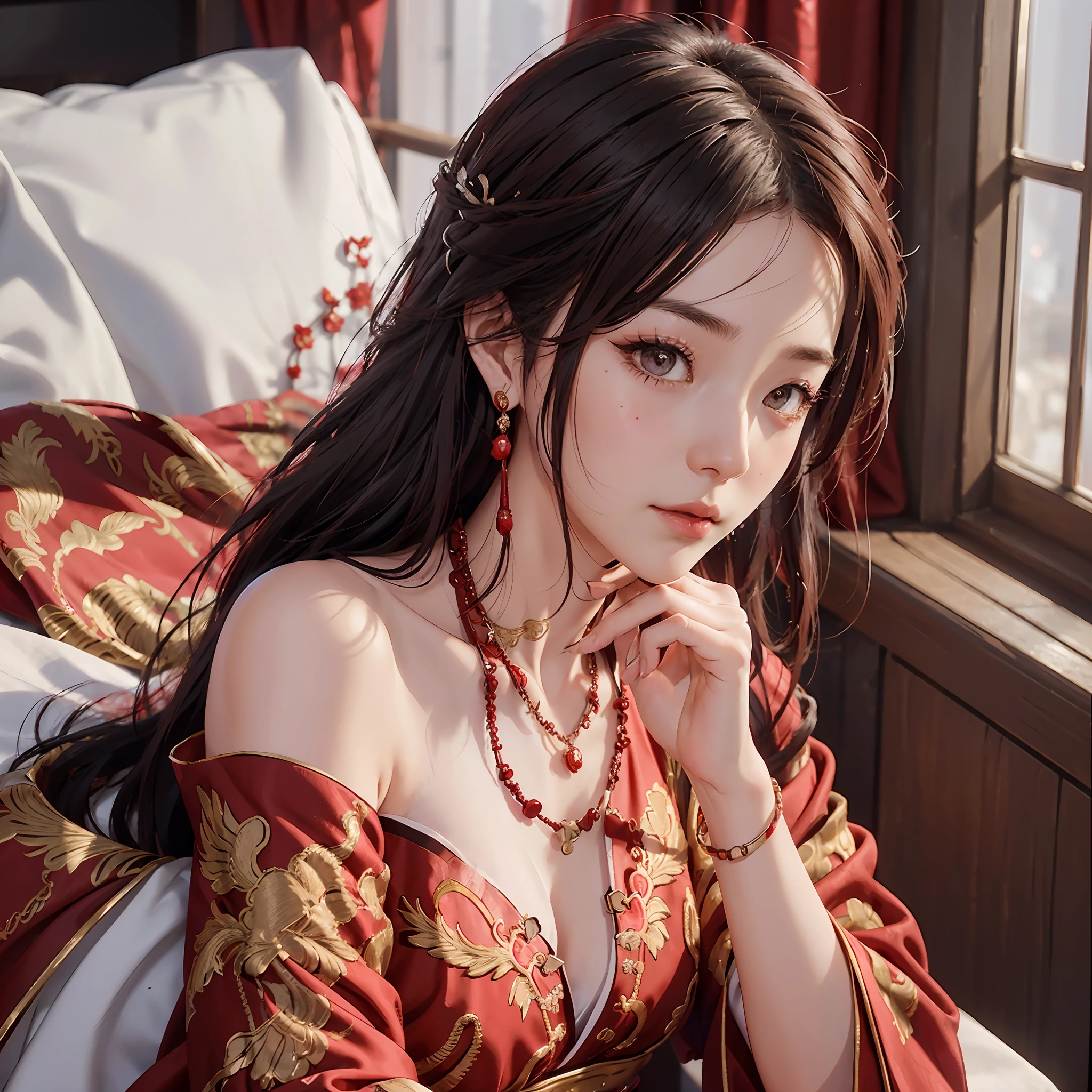 (A Chinese bride), (wearing a gorgeous Chinese red wedding dress), (conservative wedding dress), ((half lying in bed)), (Chinese style elements: 1.4), (shy, tender, beautiful face, fair skin, bright eyes, elegant eyebrows, happiness and expectation, rosy lips, soft face), (red clothing: 1.4), (wearing delicate jewelry, rings, necklaces)), clothes embroidered with phoenix motifs, (embroidery), (conservative red robe), purity, romance, (Full body shot: 1.5), (body curve), Pleated decoration, (cinematic quality), (Best quality: 1.2), (Realism: 1.4), (Indoor), Photo quality, ((octane rendering)), Close-up, Photographic lighting, (Red theme: 1.4),