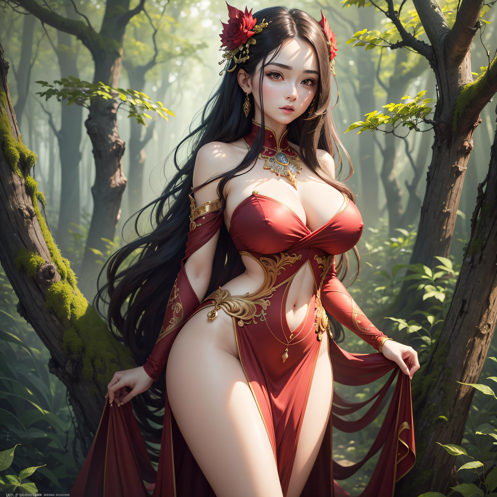 incomparable masterpiece, ultra realistic 8k CG, perfect art, ((perfect female figure)), narrow waist, looking at the viewer, seductive posture, sexy pose, seductive, clean, beautiful face, pure face, pale skin, absurdly long hair, shiny skin, dentures, delicate pattern, intricate detail, gorgeous, luxury, 1girl, solo, outdoor, large breasts, blush, face, legs, realistic, skindentation, tree, forest, standing, ylj,red dress,bare shoulders,hair ornament,,sexy --auto --s2