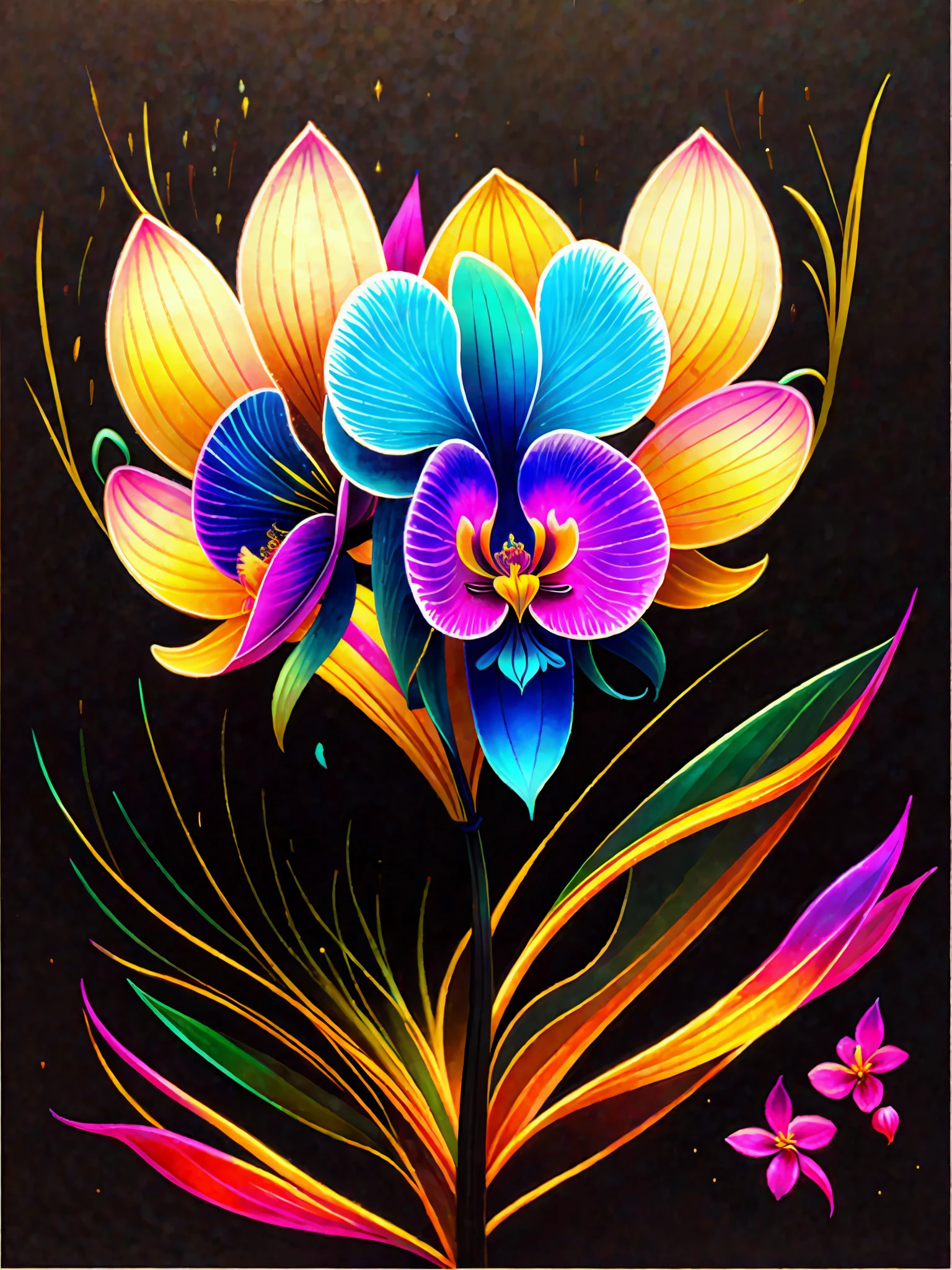 a painting of a colorful orchid on a black background,, breathtaking rendering, within a radiant connection, inspired by Kinuko Y. Craft,, magical elements, icon of an orchid, wow, is beautiful, casting a multi colorful spell, bright flash, flash