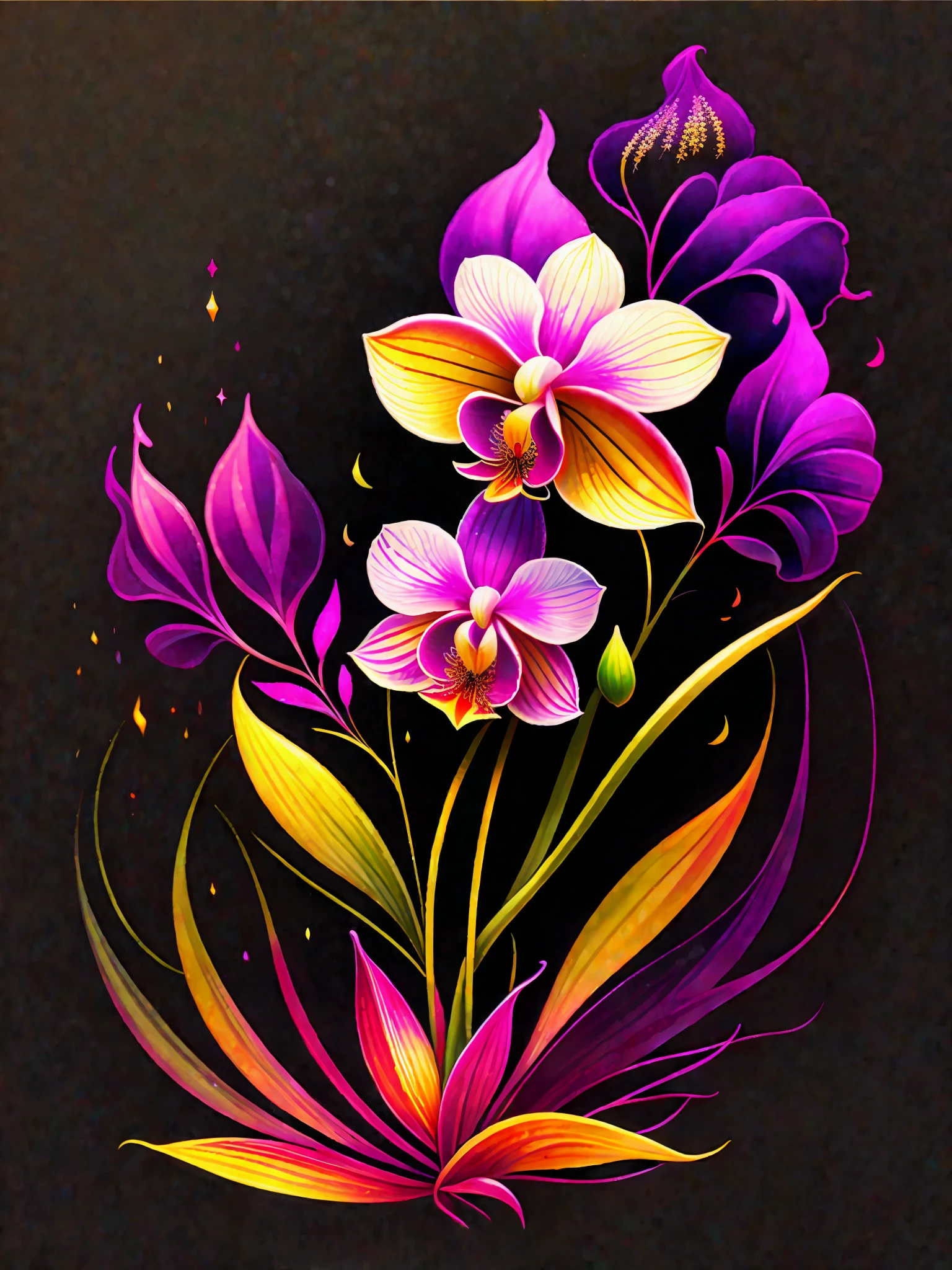 a painting of a colorful orchid on a black background,, breathtaking rendering, within a radiant connection, inspired by Kinuko Y. Craft,, magical elements, icon of an orchid, wow, is beautiful, casting a multi colorful spell, bright flash, flash