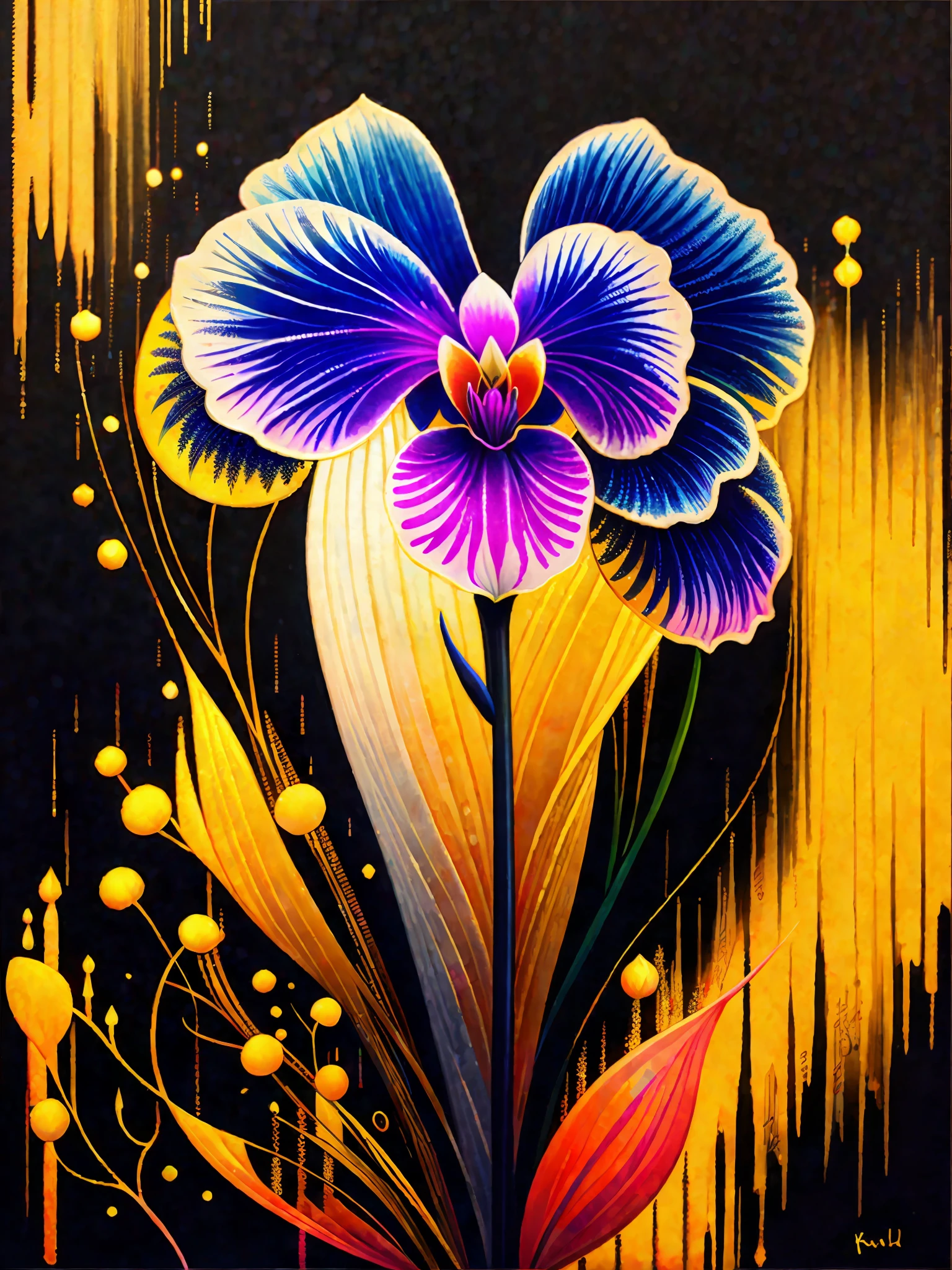 a painting of a colorful orchid on a black background,, breathtaking rendering, within a radiant connection, inspired by Kinuko Y. Craft,, magical elements, icon of an orchid, wow, is beautiful, casting a multi colorful spell, bright flash, flash