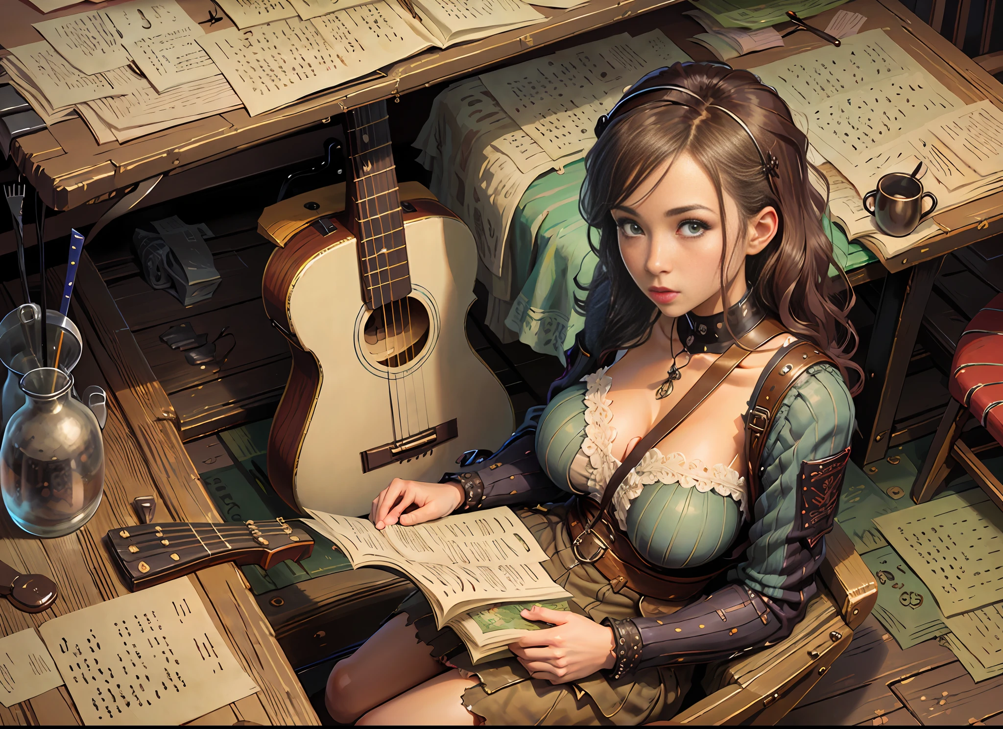 1 sleeve, with large breasts, guitar body, (inside the plane)