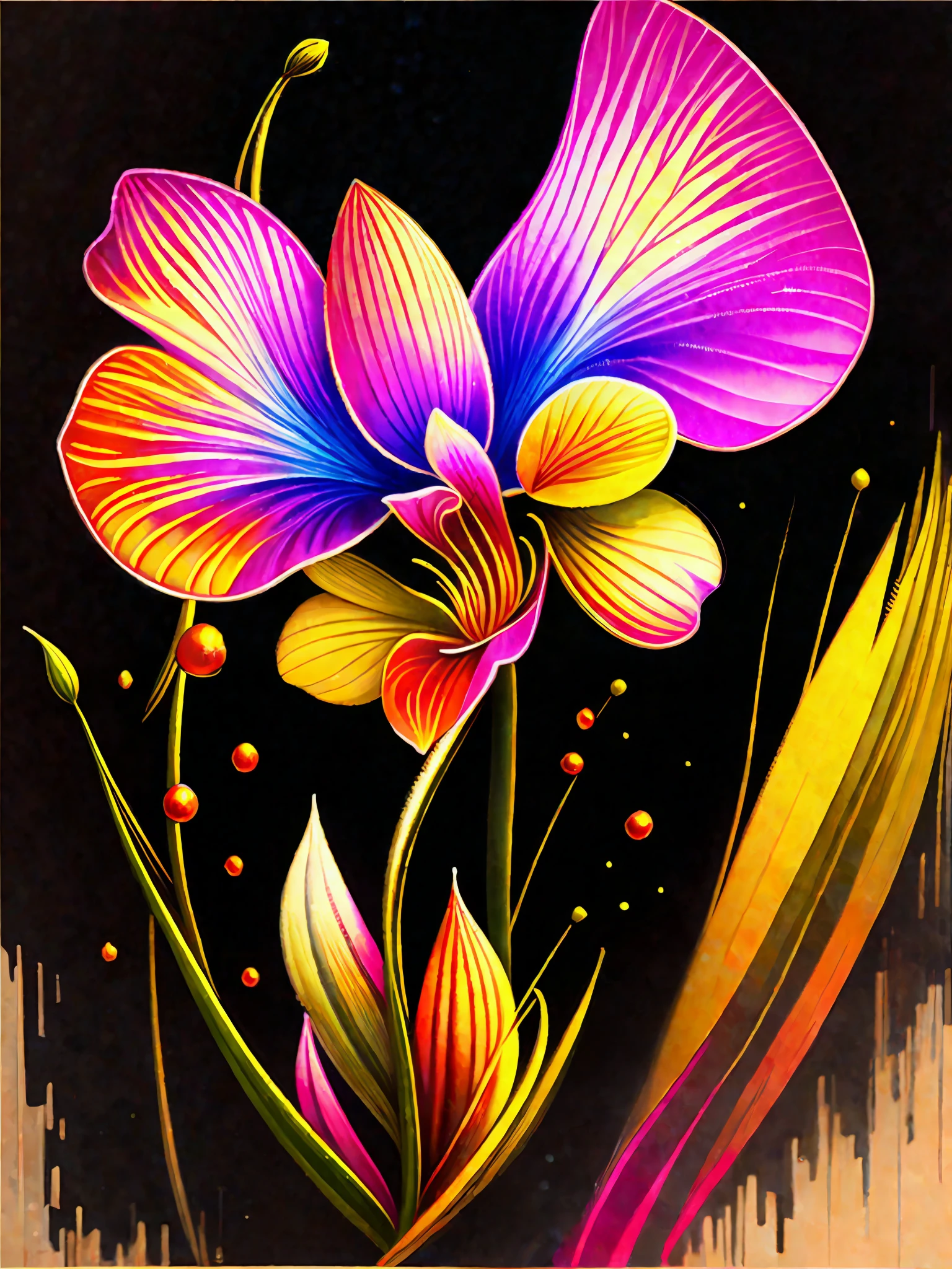 a painting of a colorful orchid on a black background,, breathtaking rendering, within a radiant connection, inspired by Kinuko Y. Craft,, magical elements, icon of an orchid, wow, is beautiful, casting a multi colorful spell, bright flash, flash