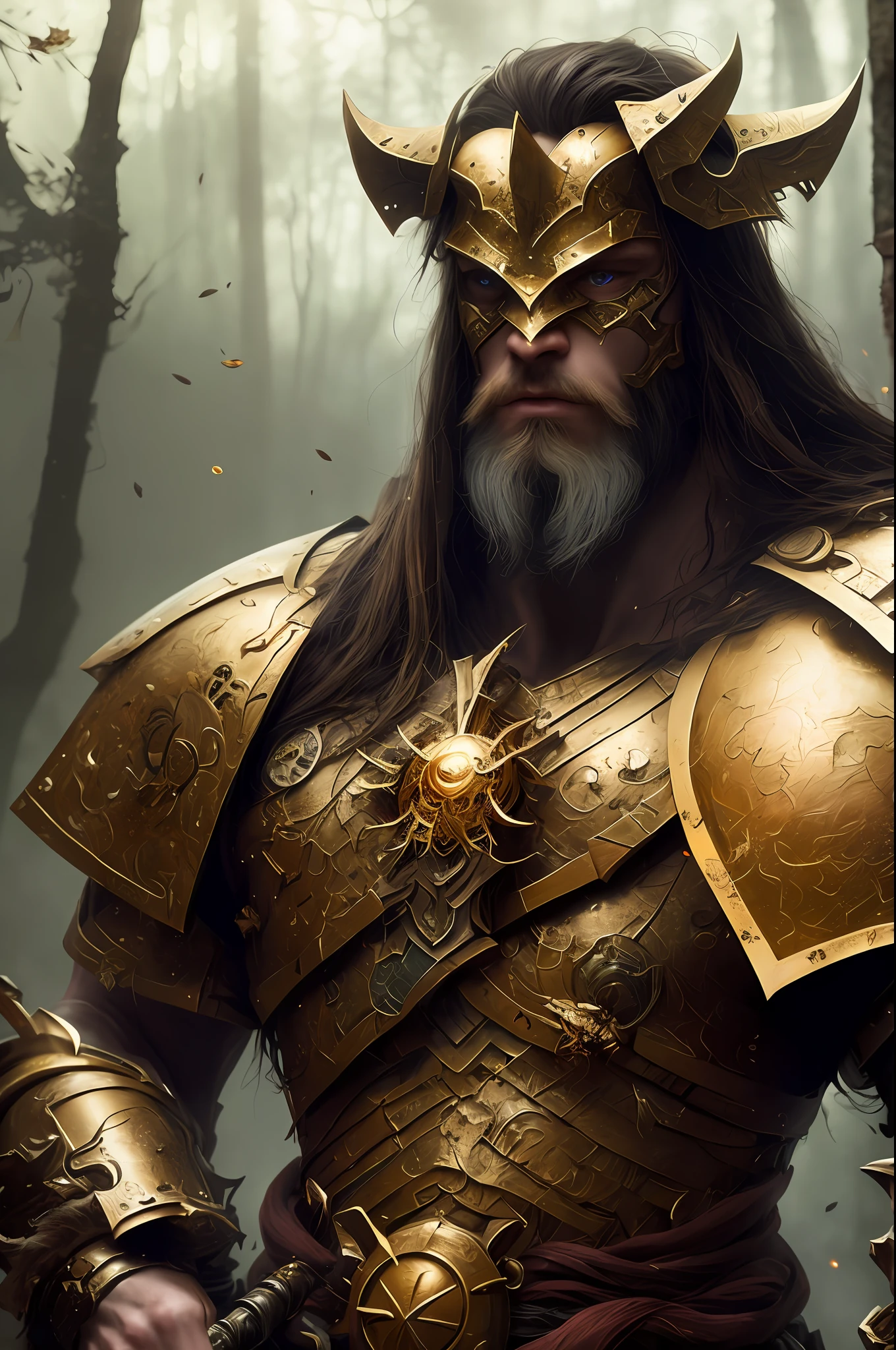 One (full body: 1.3) shot with 8k resolution, splash art, fantastic comic book style, photorealistic, intense visual, anatomical portrait of photorealistic digital painting of a young red-haired Viking man: 1.3) human (warrior: 1.3) in intricate black and gold (heavy armor: 1.3) in one (dark and temperamental universe: 1.3), particle of light, very detailed skin, samurai, Very detailed eyes, (Elden Ring style: 1.3), (Warhammer style: 1.1), conceptual artist, global lighting, depth of field, splash art, art by Artgerm and Greg Rutkowski and Viktoria Gavrilenko