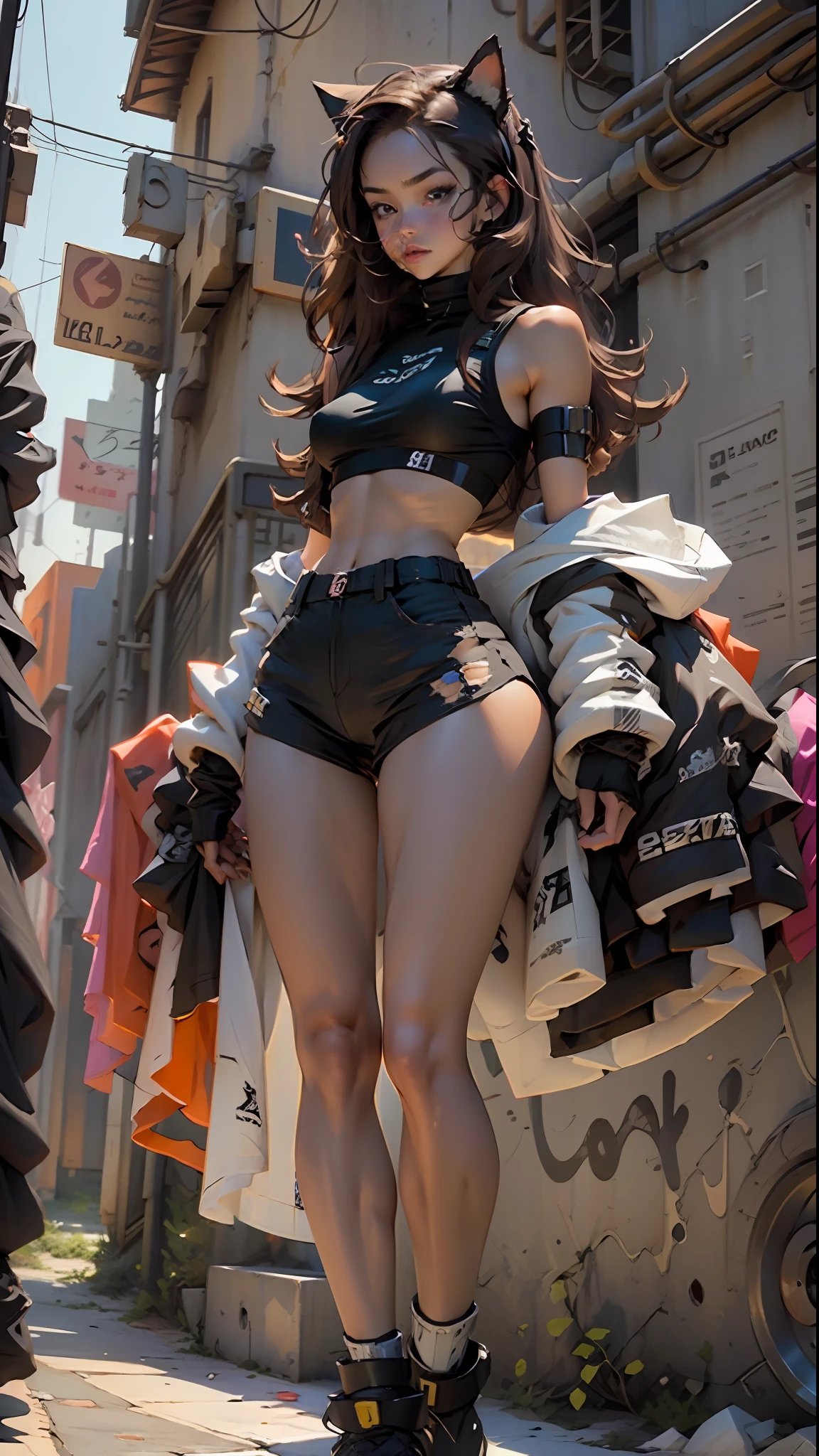 Defined female body, thick thighs, cybernetic body parts, black shorts, black training bra, cat ears, caramel brown eyes, long brown brown hair,