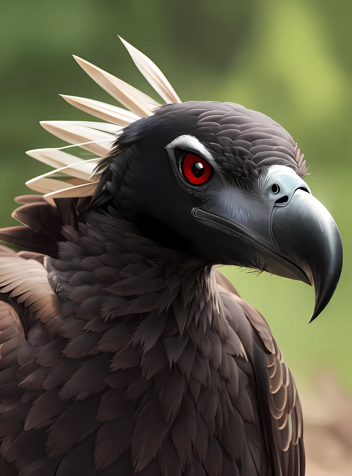 A portrait of a vulture with black feathers, with a fierce and angry expression, focusing only on its head. The image should highlight the intensity and strength of the vulture's gaze. The background of the photo should be blurred to create an aesthetic effect, suggesting a forest as a backdrop. I want attention to be fully focused on the vulture and its expression. In addition, the eyes of the vulture should be depicted as red, enhancing its imposing appearance. Please ensure that the image is sharp and well-lit, allowing the details of the vulture, especially its facial expression and red eyes, to be clearly visible --auto --s2