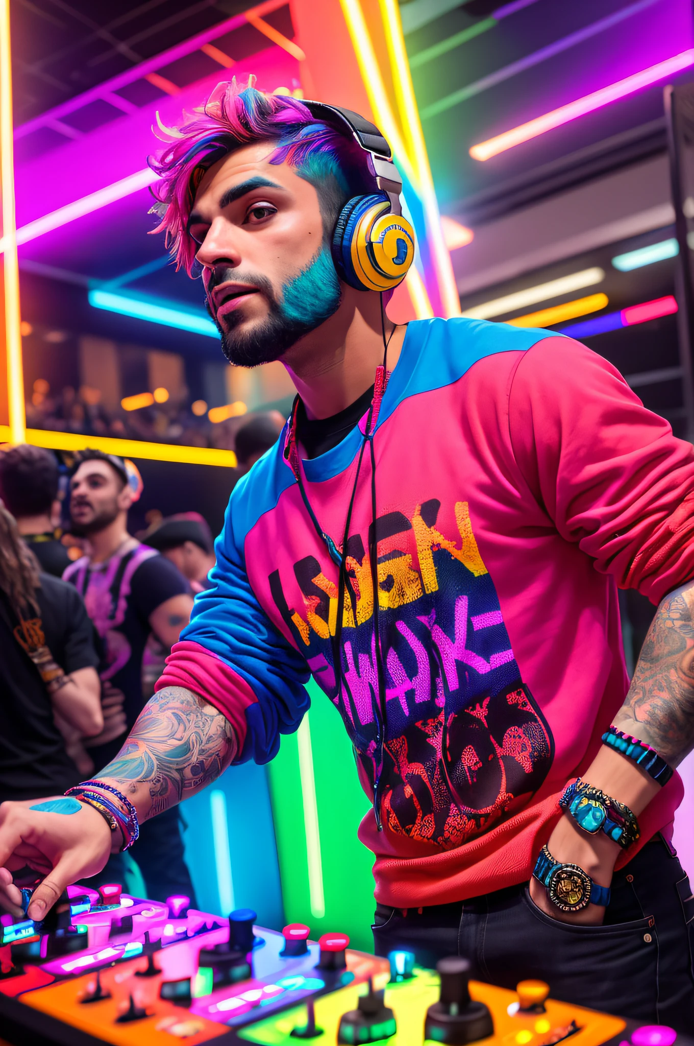 upper body, male dj, colorful clothes , quirky, vibrant appearance, playful accessories, creative behavior, imaginative, sensual, spontaneous, dj headphones, mixing console, music club, night club, indie theaters, people dancing on the dance floor background, underground danceclub, highest quality, skin texture, intricate details, (cinematic lighting), RAW photo, 8k