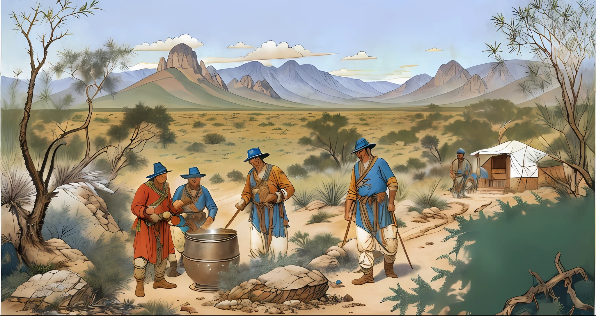 Soldier with torn garments making a food in a pot over a fire, soldiers of the war of straws, leather and cotton clothes of faded colors and brown colors, and faded, several soldiers around, a dog, small mountains and rocks in the background, gnarled trees and small thickets and green herbs growing at the base of rocks, intricate details, masterpiece, 8k, highres, best quality, highest texture, realistic, nature's light, perfect shadow, clear detailed face, War of straws, caatinga in the backlands of Brazil, semi-arid climate, dry vegetation, twisted bushes, tattered soldiers, bonfire in the center of the photo with a pot, kitchen utensils, camping, scattered things, ((((all faces must be different, use all the spectra of your different emotions from happiness to anger, do what you want and how you want))).