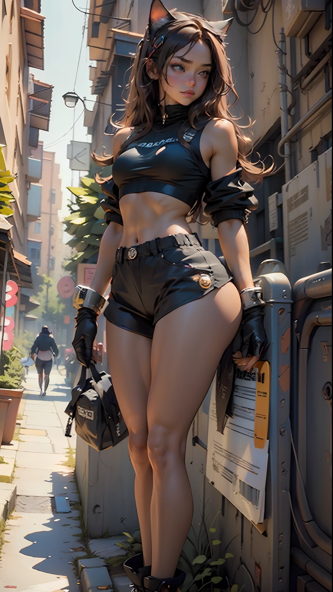 Defined female body, thick thighs, cybernetic body parts, black shorts, black training bra, cat ears, caramel brown eyes, long brown brown hair,