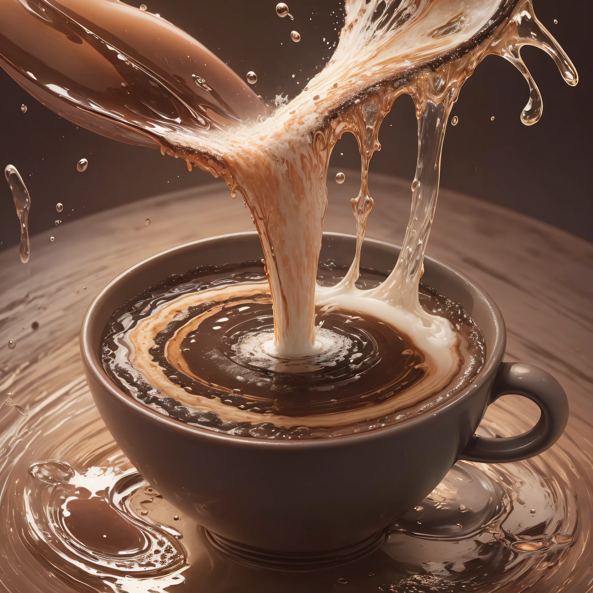 multiple streamd of coffee flowing on a table with a splash of drops and drops. multiple jet of coffee pouring down, a waterfall of coffee