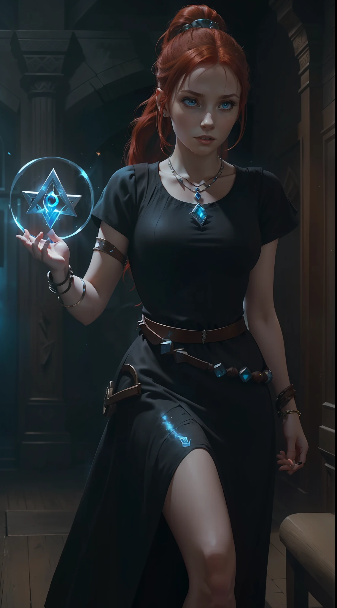 A woman, (((solo))), (young woman, 21 years old, white skin, red hair with ponytail, brown eyes), (wears a comfortable black dress, with a necklace with a light blue gem), (she is in a large hall conjuring a magic from runes), RPG mage