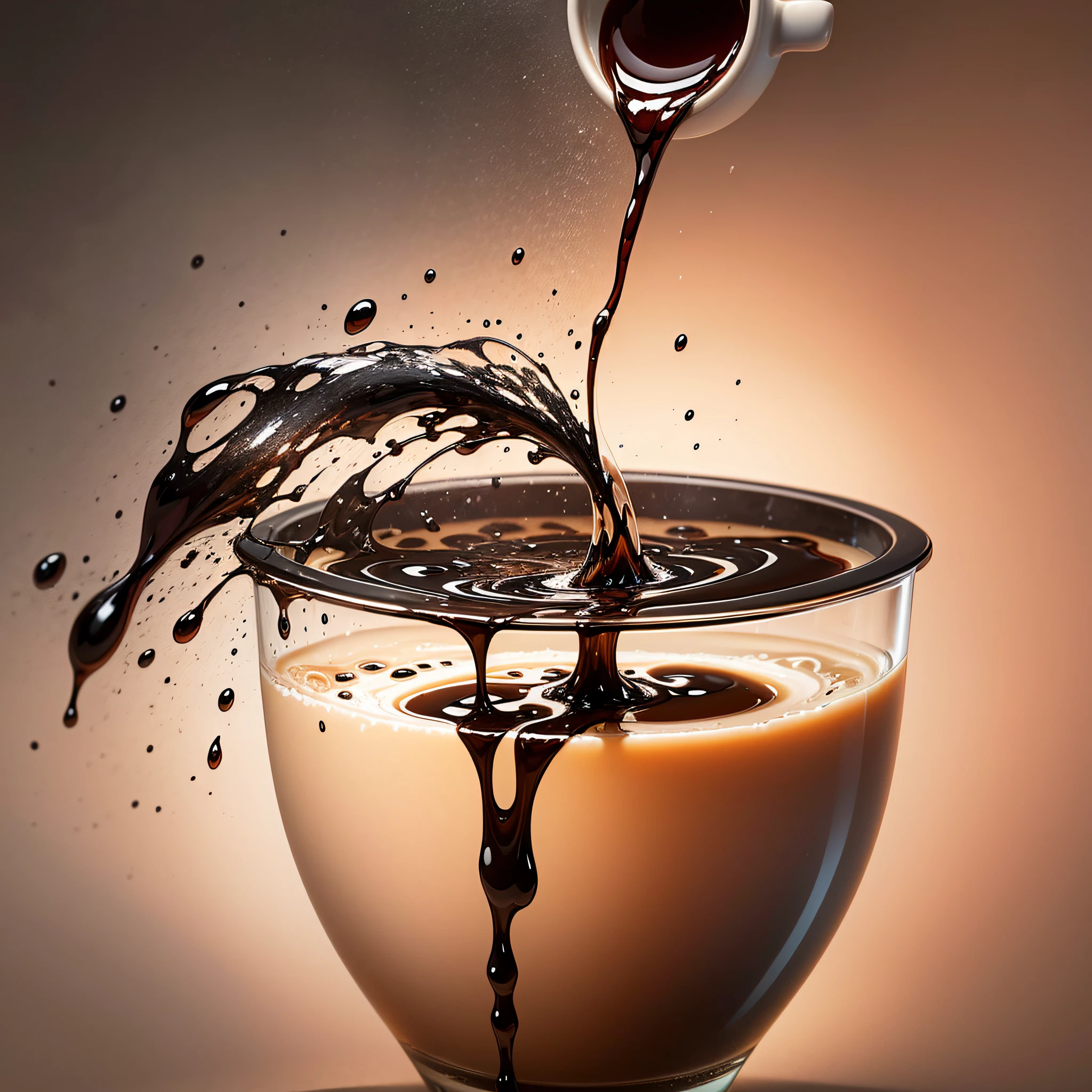 Pouring cofee. A stream of coffee flowing on a table with a splash of drops and drops. multiple jet of coffee pouring down --auto --s2