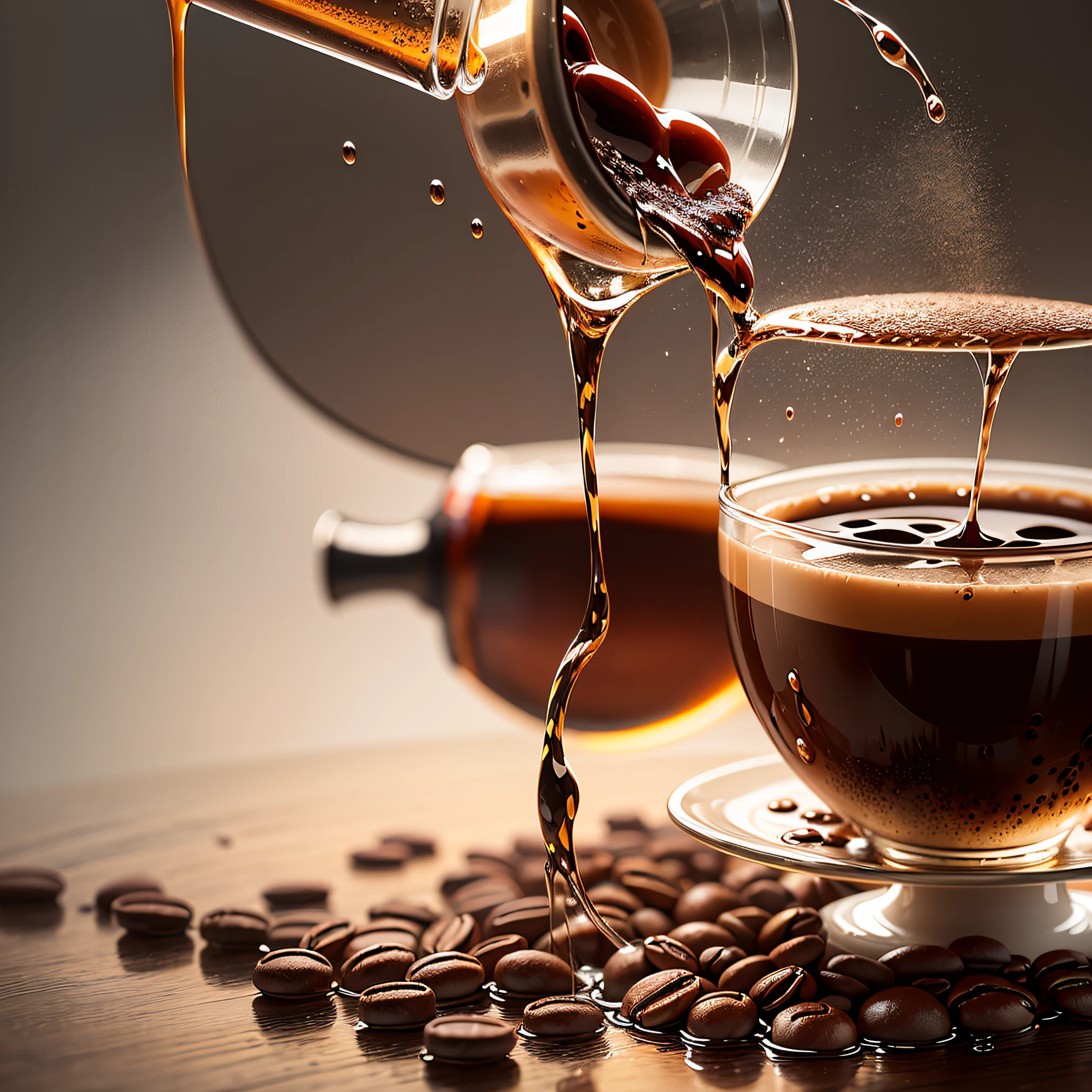 Pouring cofee. A stream of coffee flowing on a table with a splash of drops and drops. multiple jet of coffee pouring down --auto --s2