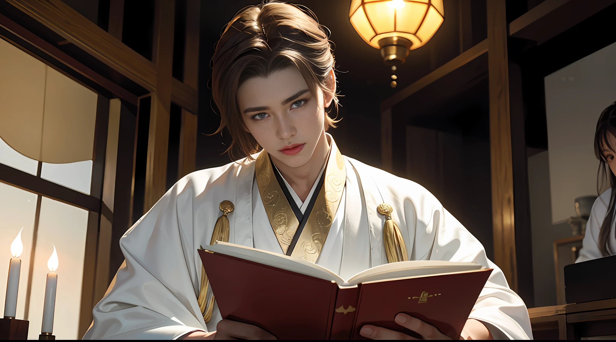 Superb Style, Masterpiece, High Resolution, Handsome Looks, Exquisite Details, High Resolution, Wallpaper, 1 Boy, Solo, ((White Hanfu)), Brown Hair, Short Hair, Hanfu, Hanfu, ((Reading)), Table, Sitting Position, Indoor, Study, 16K, HDR, High Resolution, Depth of Field, (Film Grain: 1.1), Golden Hour, (Lens Glow), (Color Grading: 1.5) Half, Lantern