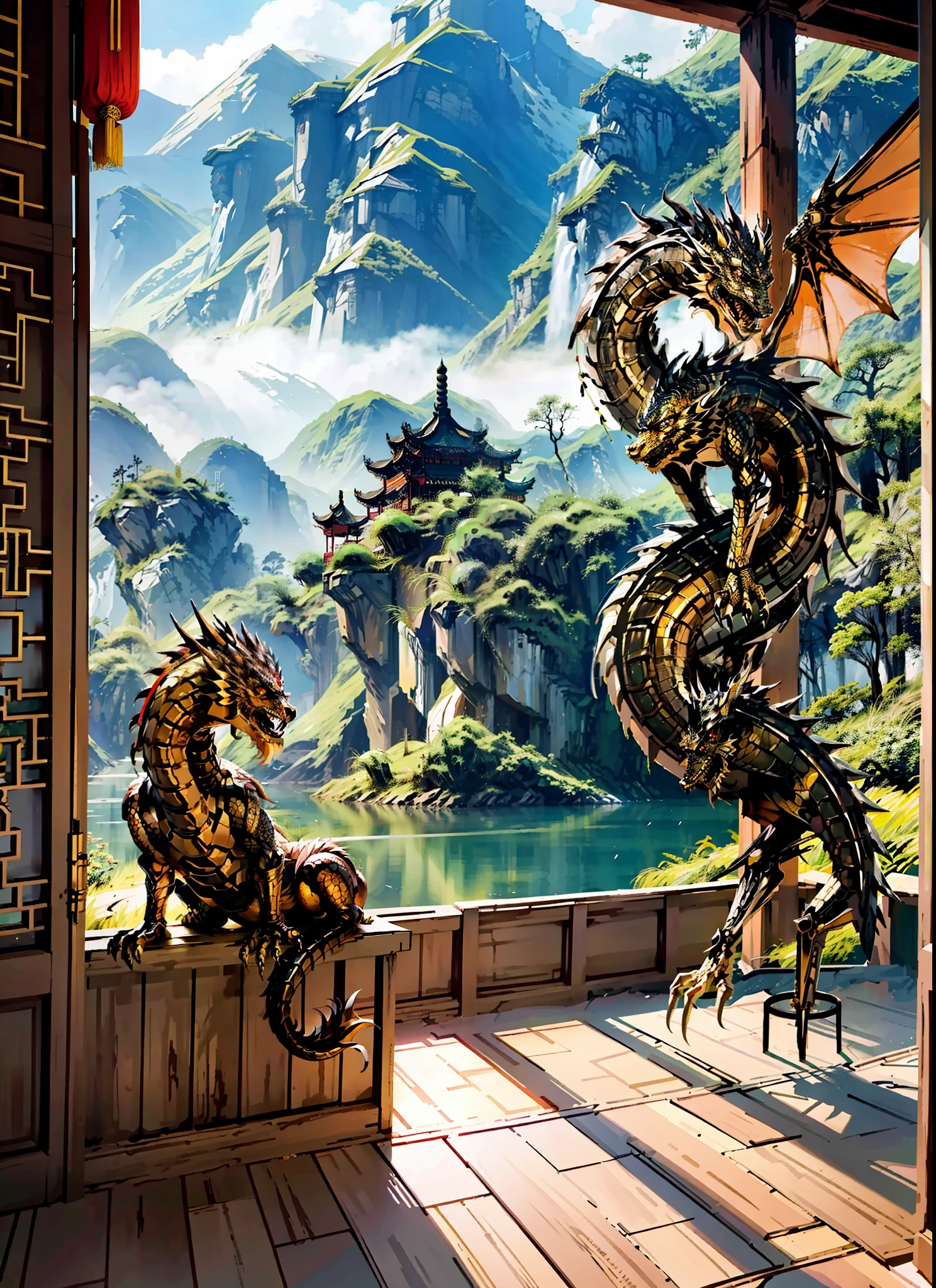 masterpiece, best quality, making friends with the Chinese dragon, fun, happy, bright, loong,