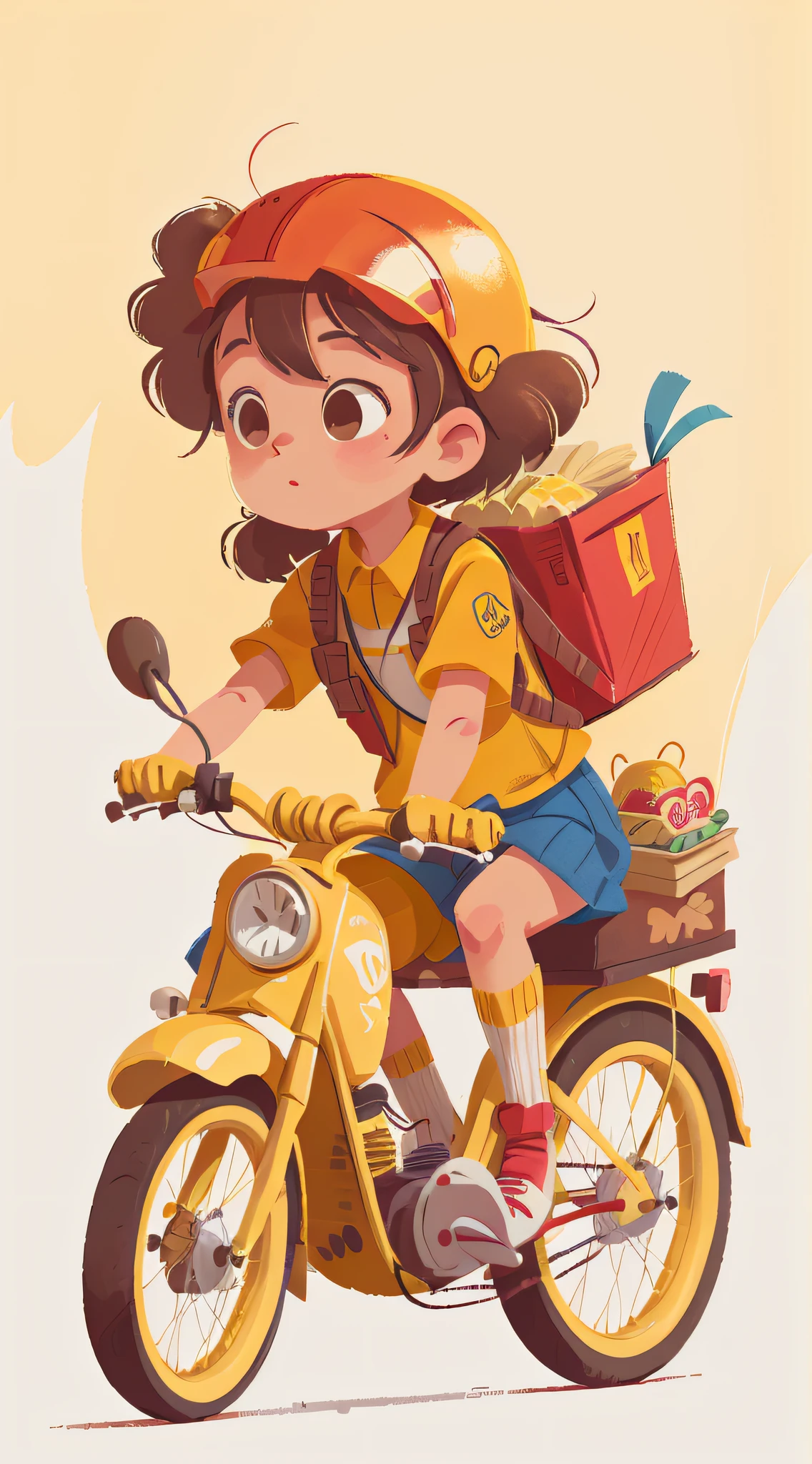 Flat illustration, yellow delivery girl, riding yellow motor, helmet, white background, medium lens, 8K